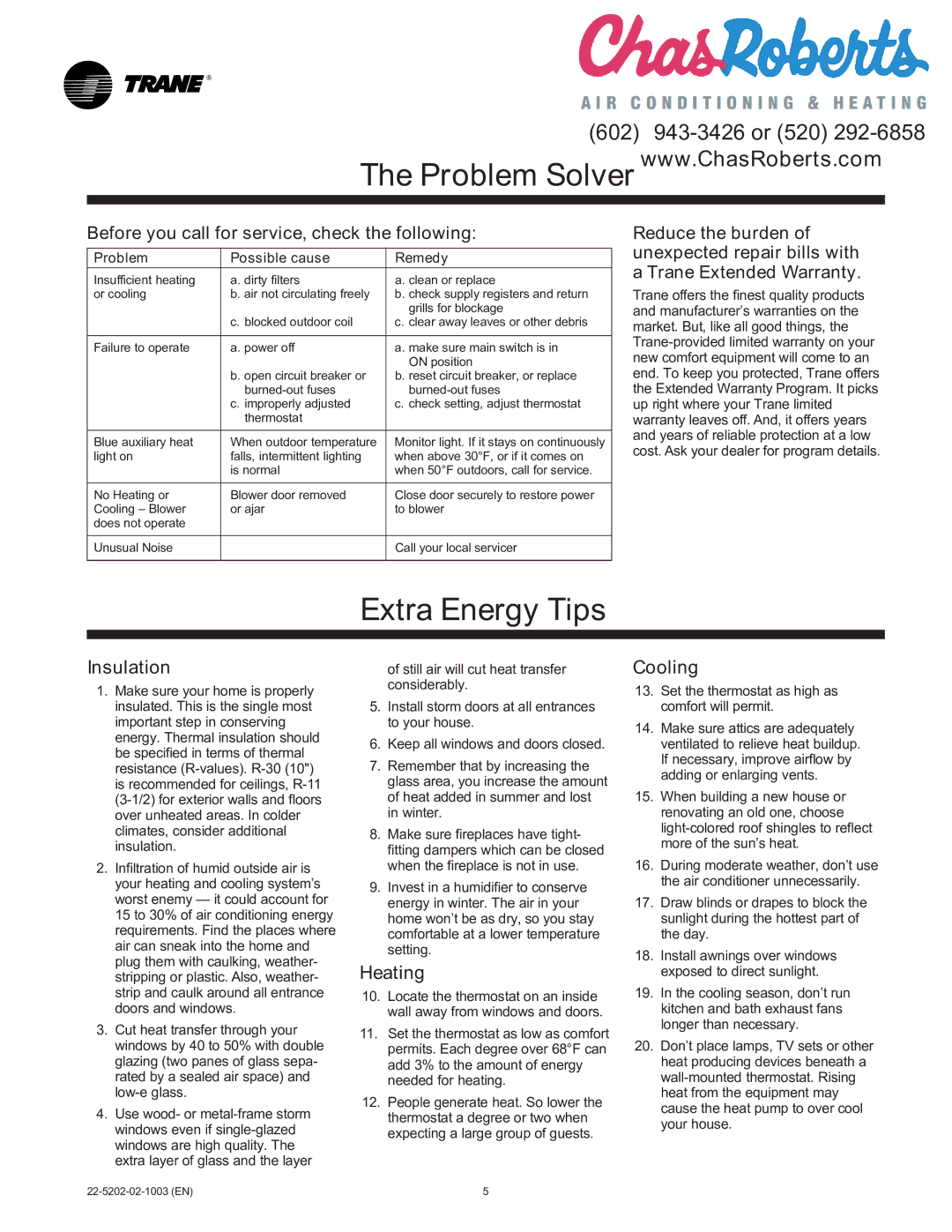 Trane 22-5202-03-3605 manual Extra Energy Tips, Insulation, Heating, Cooling 