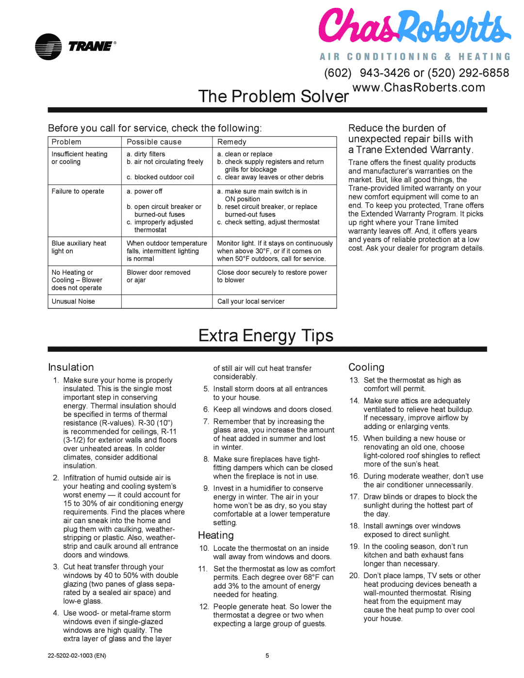 Trane 22-5202-03-3605 manual Extra Energy Tips, 602943-3426or, Insulation, Heating, Cooling 