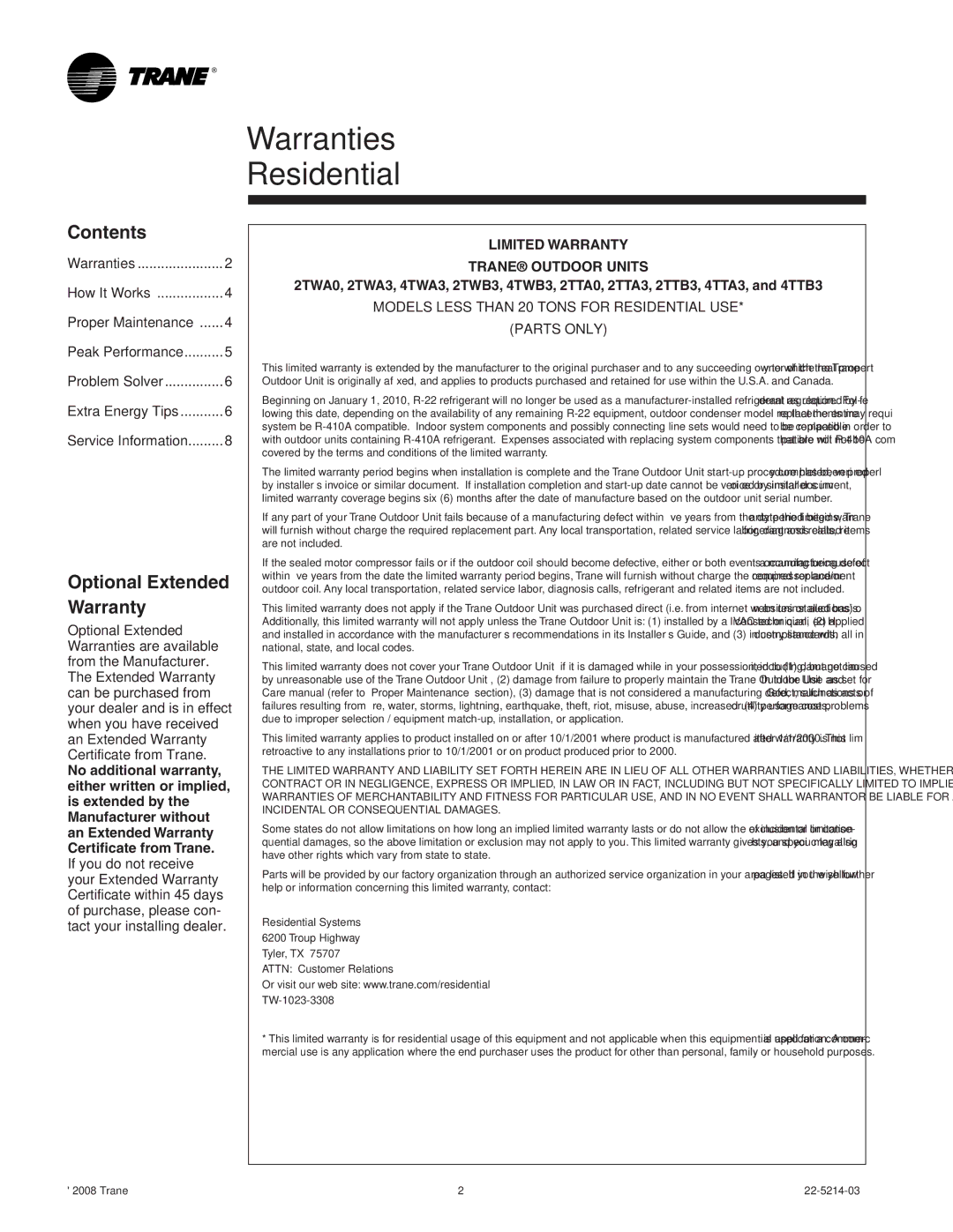 Trane 22-5214-03 manual Warranties Residential, Contents 