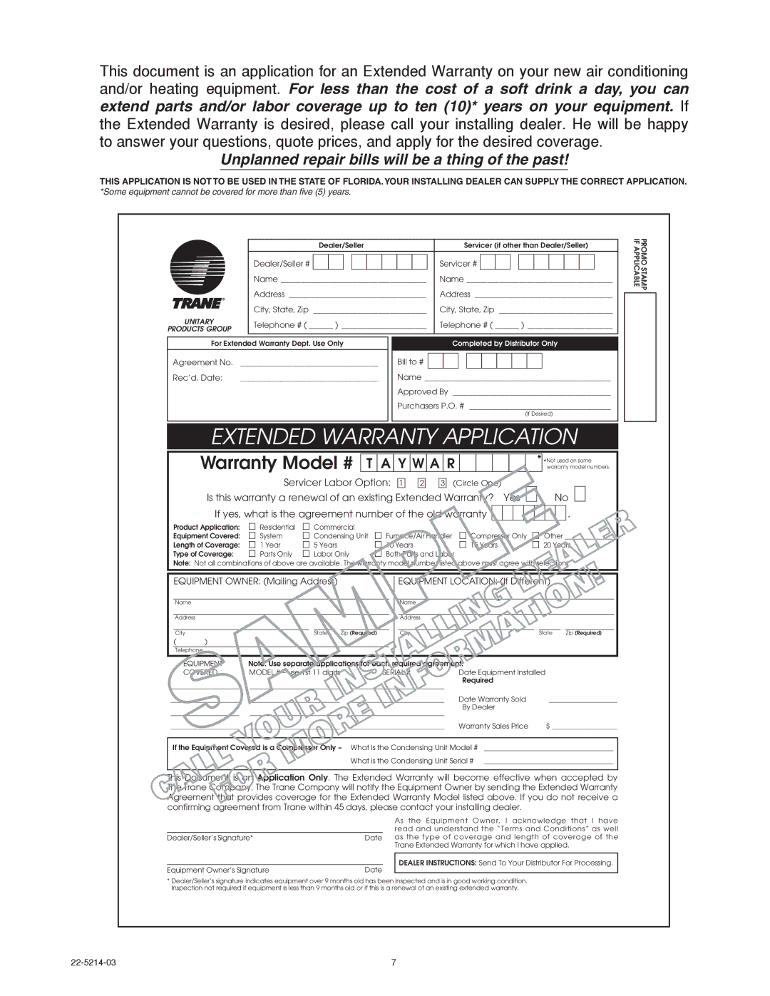 Trane 22-5214-03 manual Extended Warranty Application 