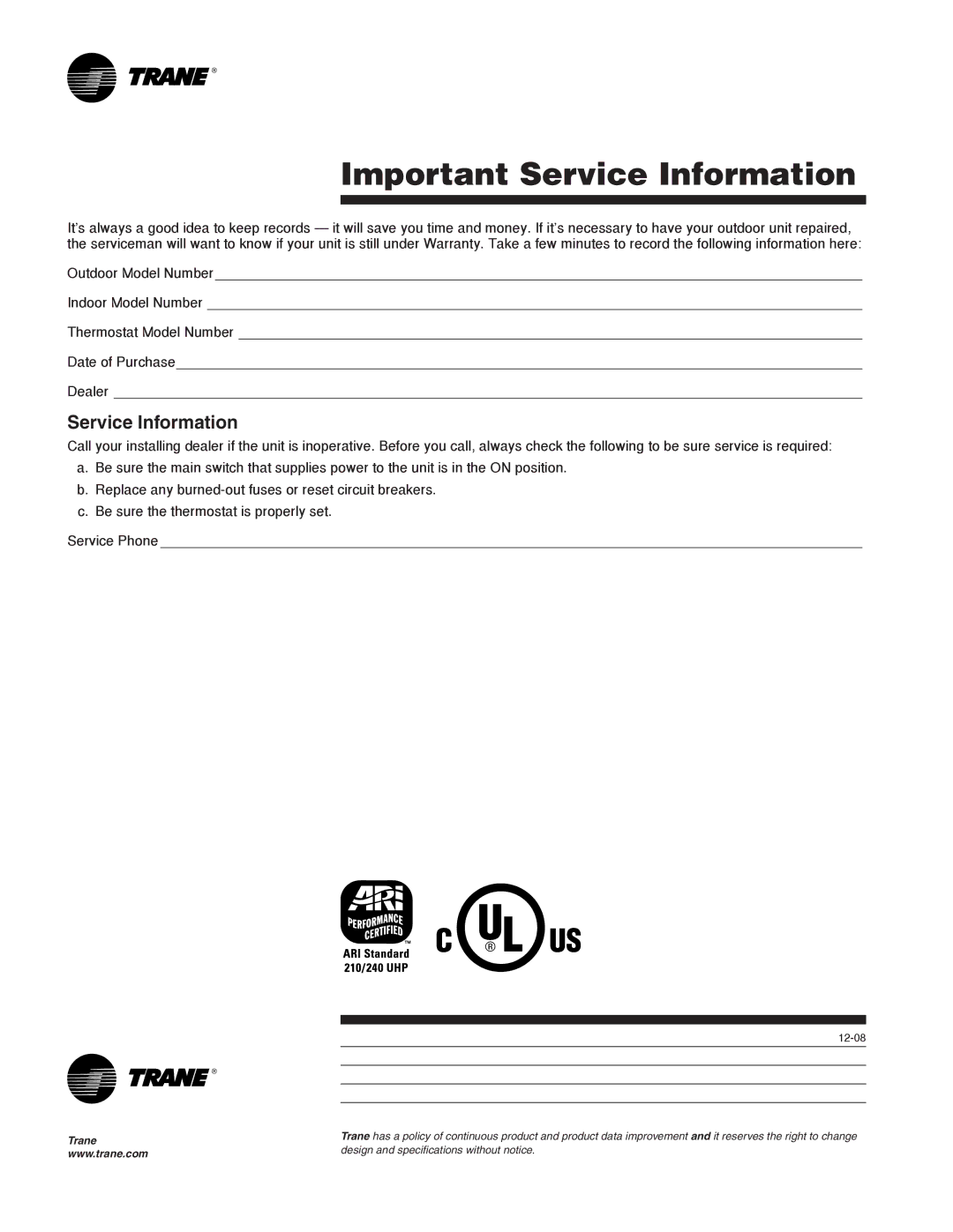 Trane 22-5214-03 manual Important Service Information, 12-08 