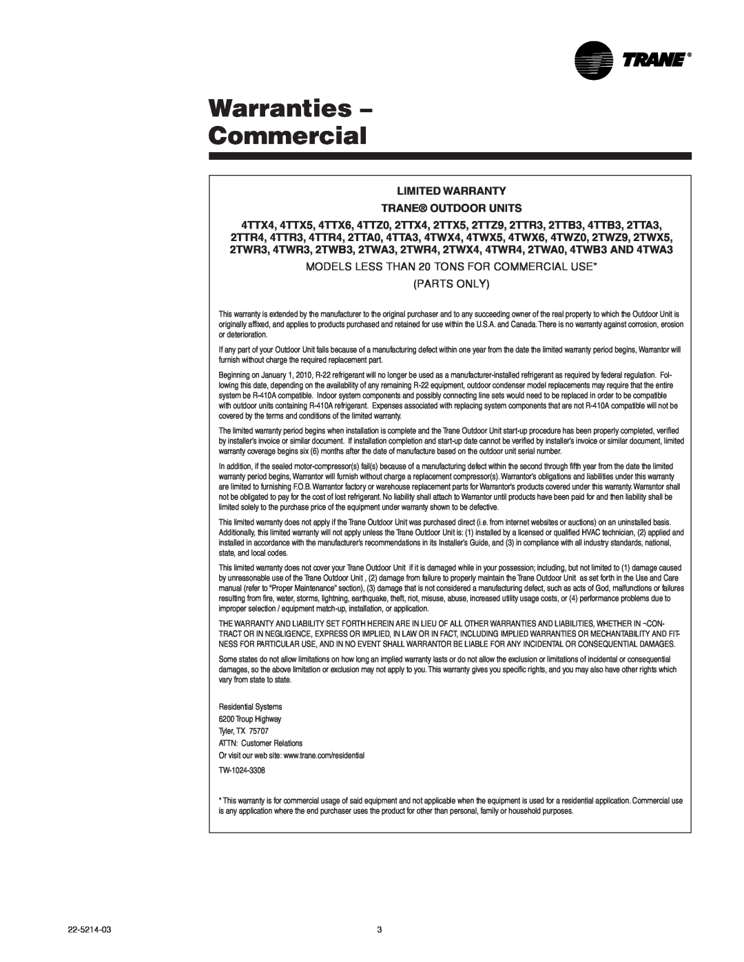 Trane 22-5214-03 manual Warranties - Commercial, Limited Warranty Trane Outdoor Units 