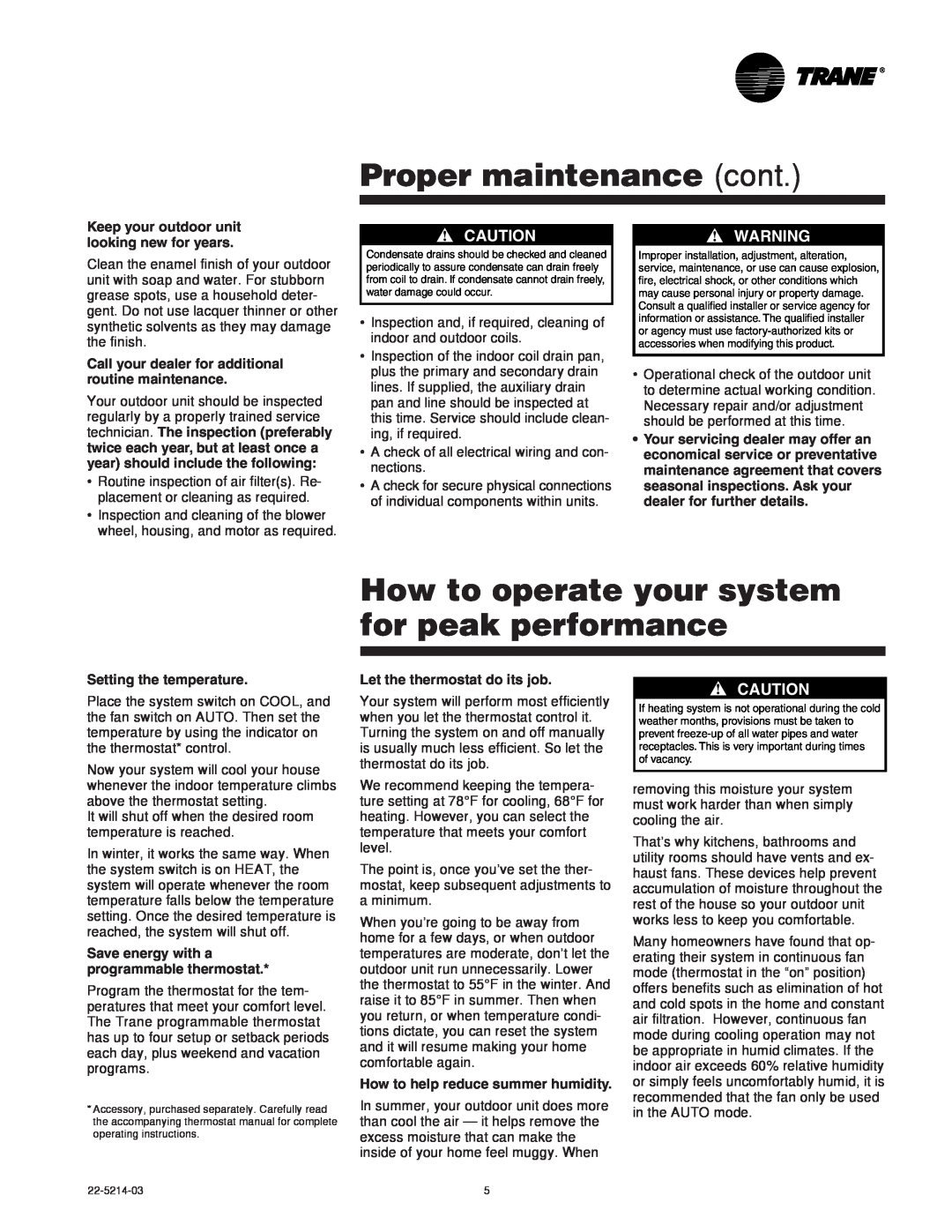Trane 22-5214-03 manual Proper maintenance cont, How to operate your system for peak performance, Setting the temperature 