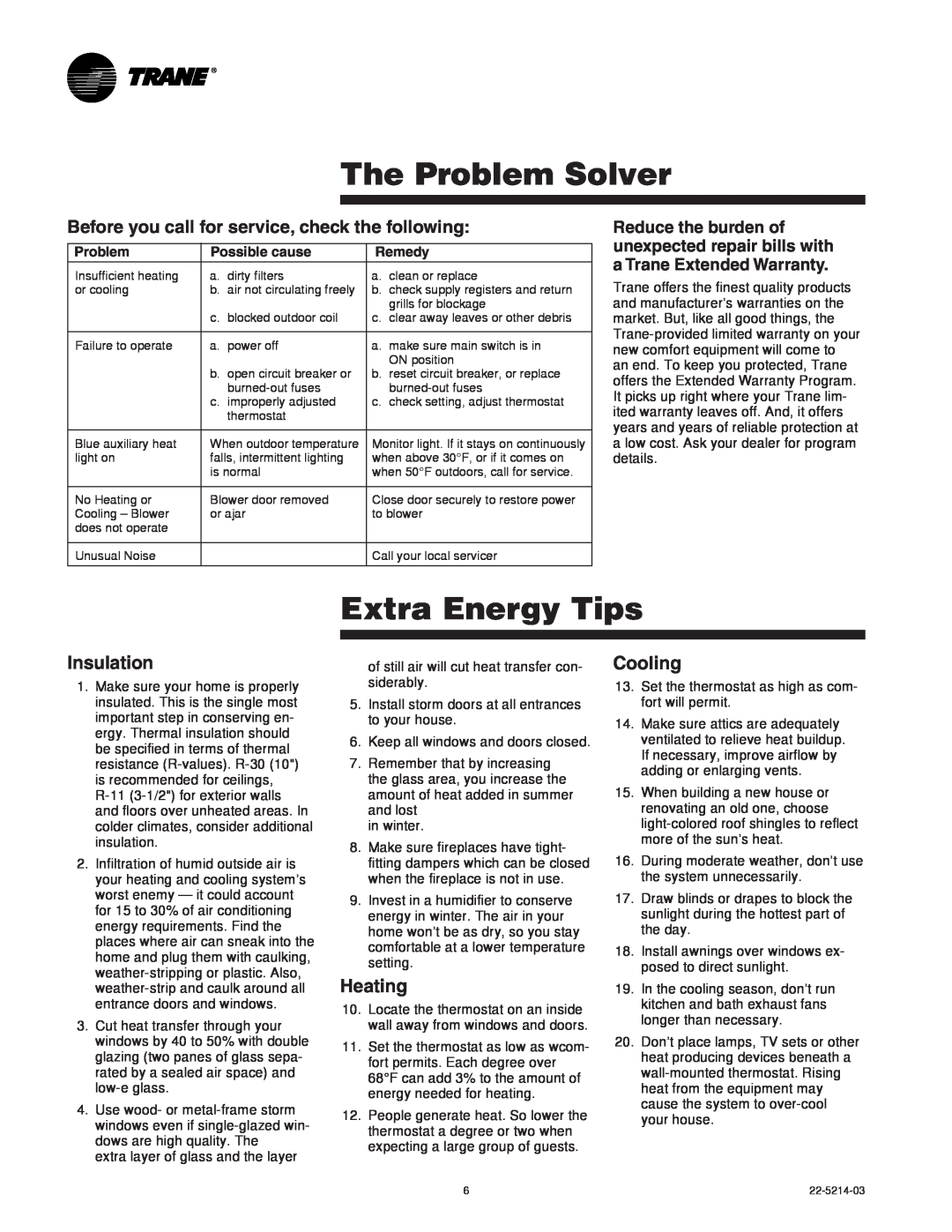 Trane 22-5214-03 manual The Problem Solver, Extra Energy Tips, Insulation, Heating, Cooling 