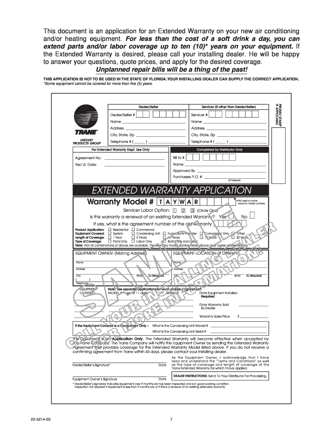 Trane 22-5214-03 manual Extended Warranty Application, Warranty Model #, Servicer Labor Option 
