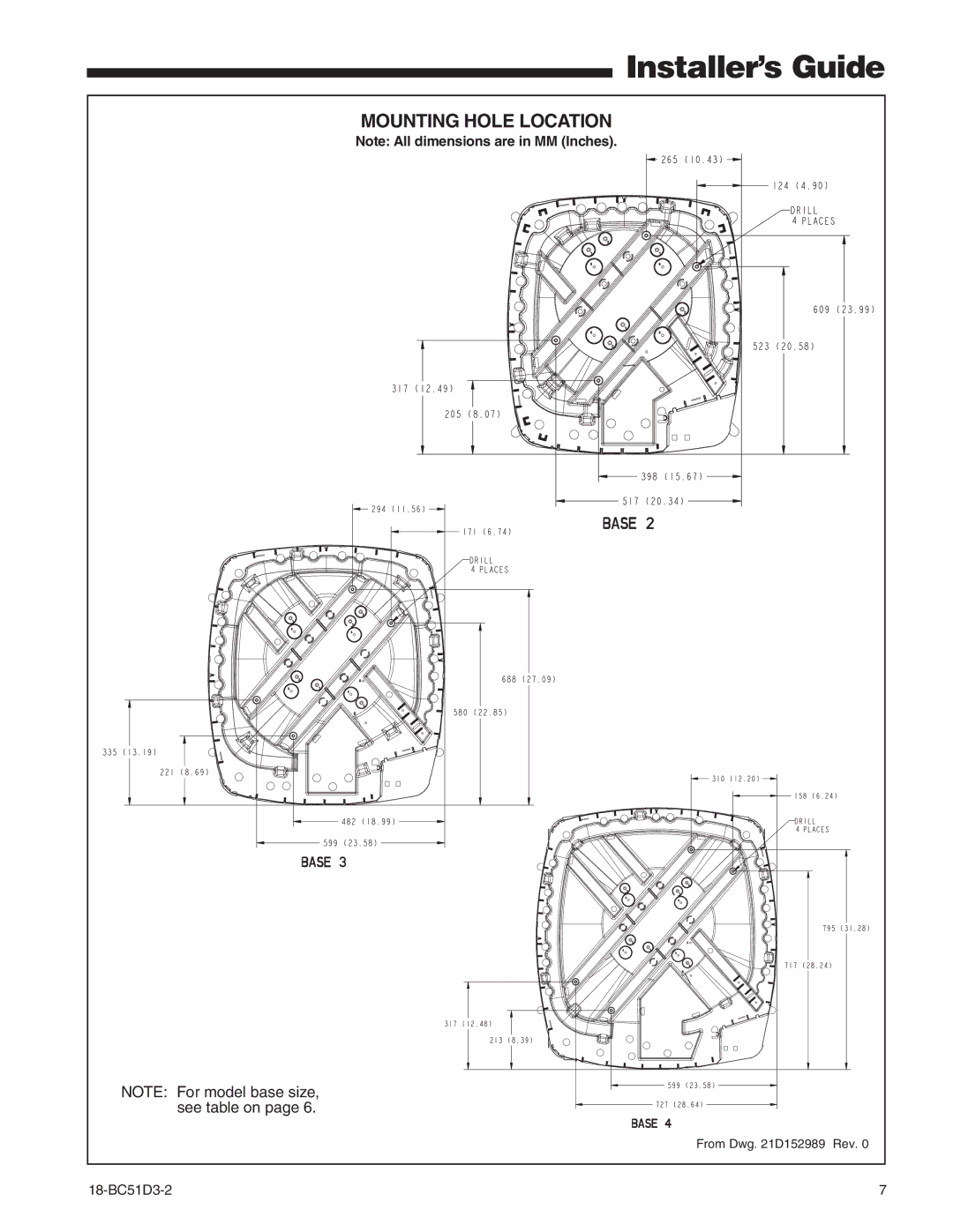 Trane 2TWA2, 2TWA0 manual Mounting Hole Location 