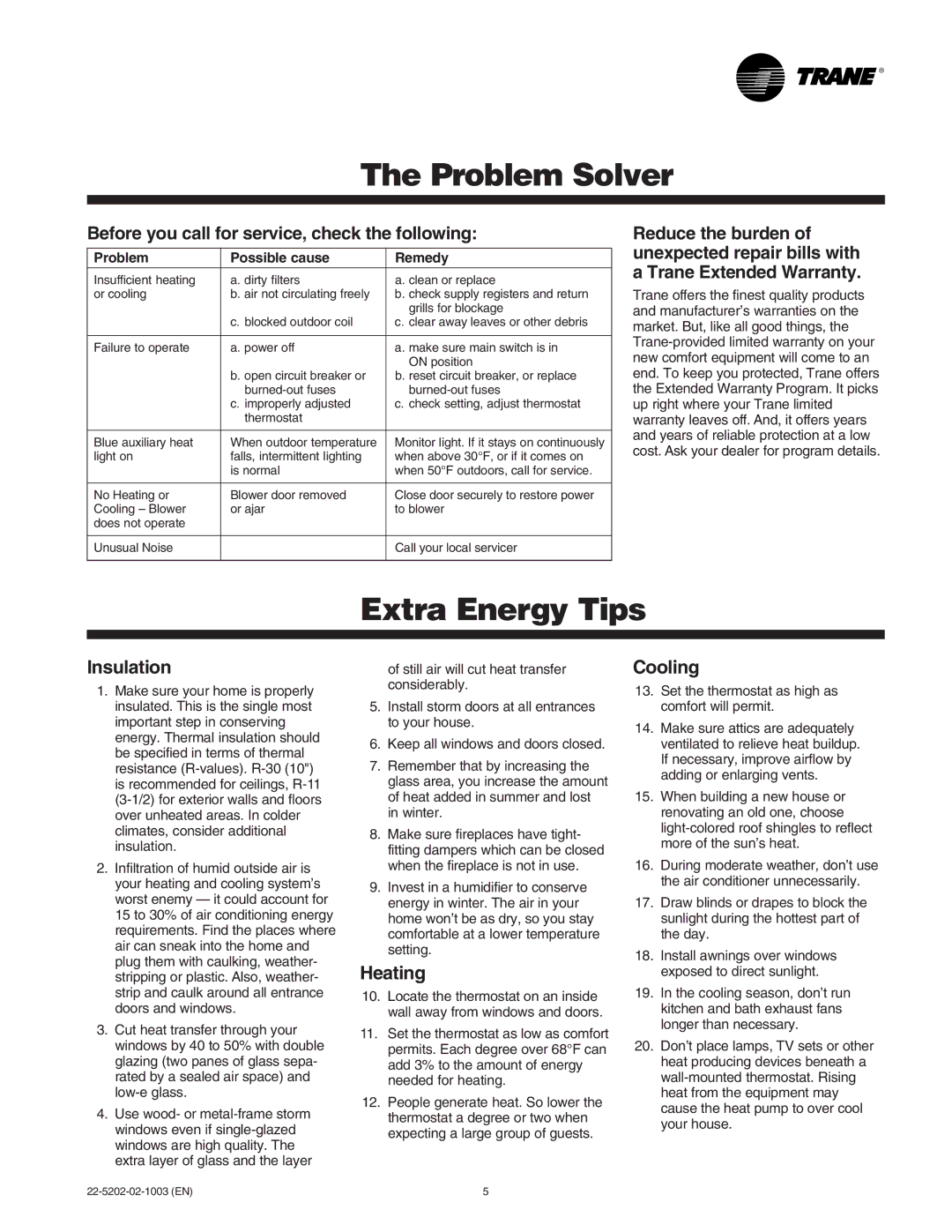 Trane 2TWB-SVU01A-EN manual Problem Solver, Extra Energy Tips, Insulation, Heating, Cooling 