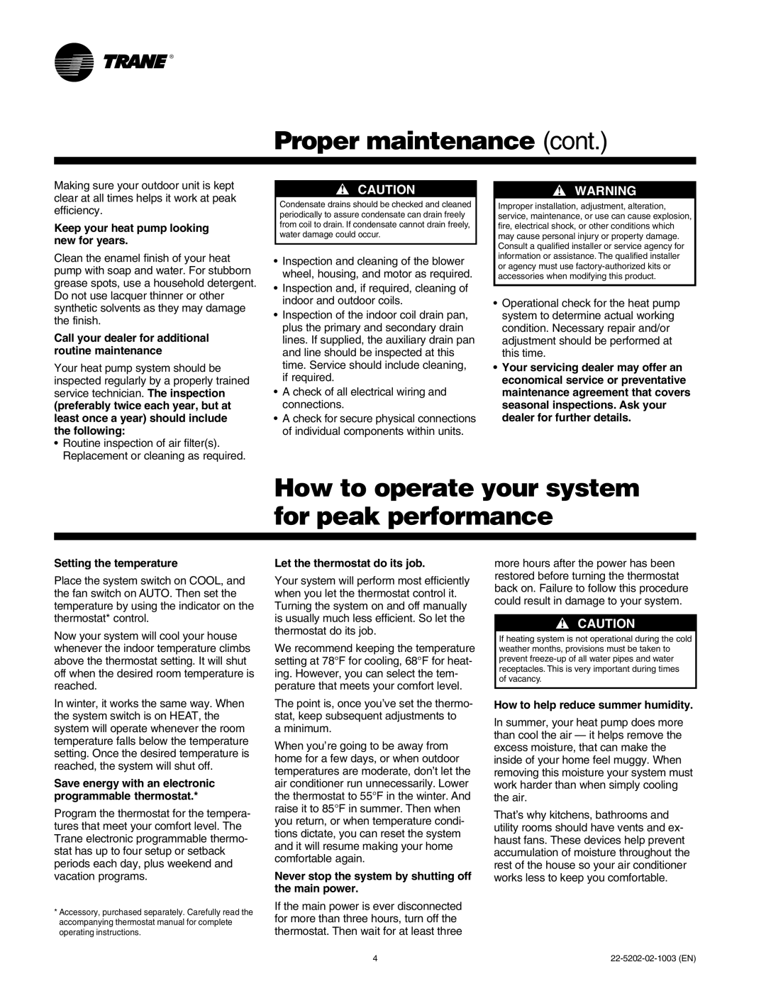 Trane 2TWB-SVU01A-EN Proper maintenance cont, How to operate your system for peak performance, Setting the temperature 