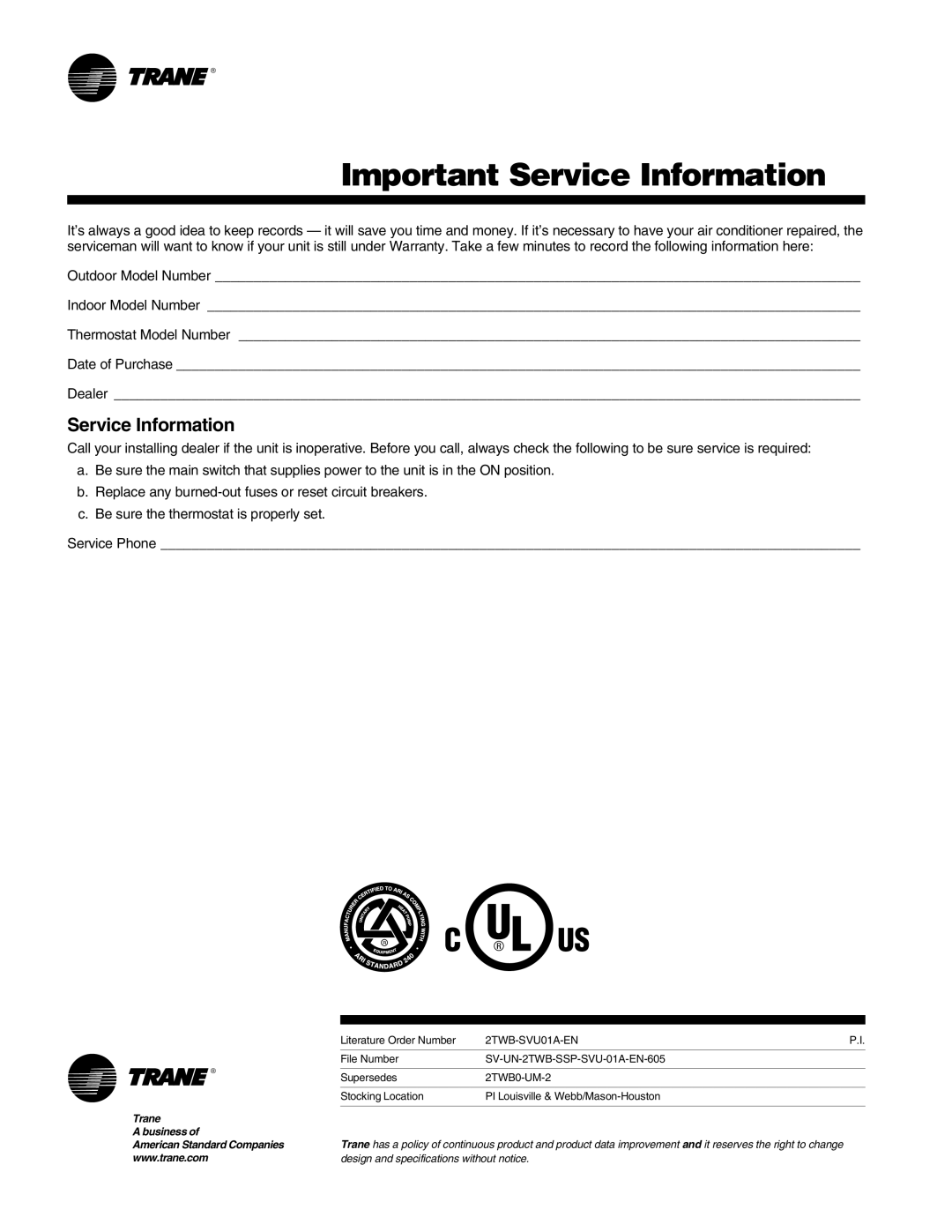 Trane 2TWB-SVU01A-EN manual Important Service Information 