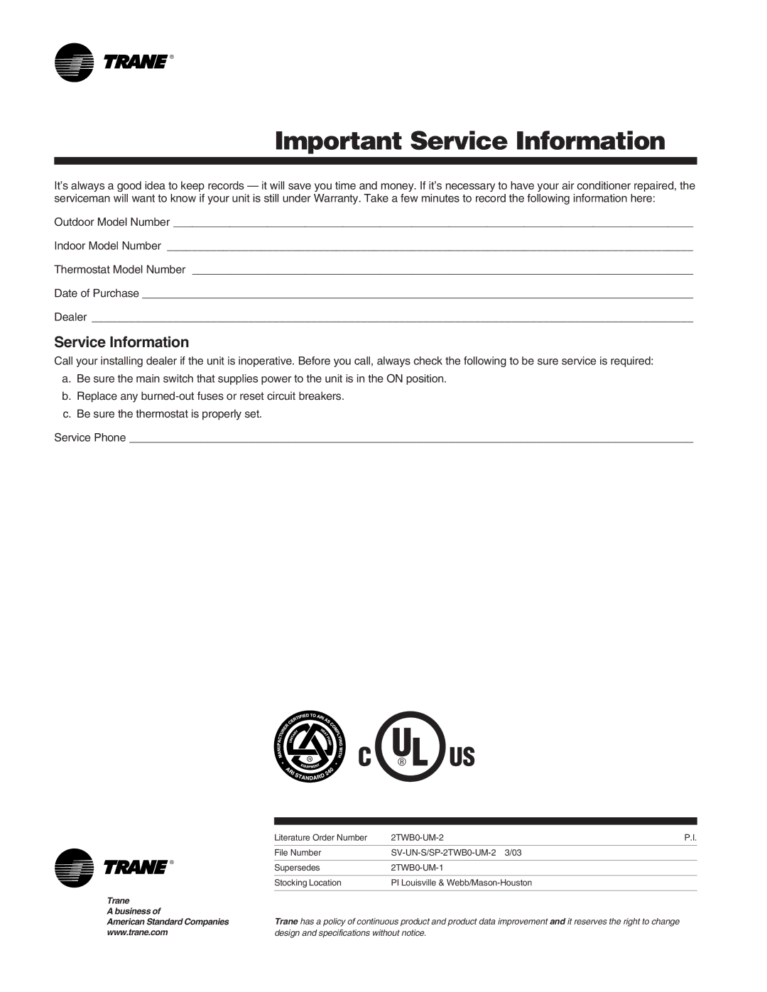 Trane 2TWB0-UM-2 manual Important Service Information 