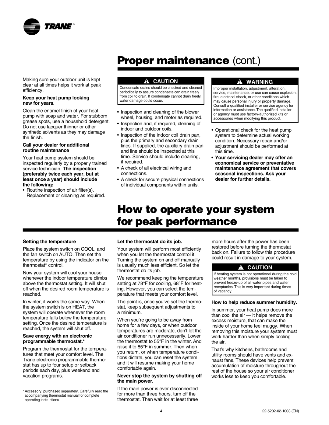 Trane 2TWB0-UM-2 manual Proper maintenance cont, How to operate your system for peak performance, Setting the temperature 