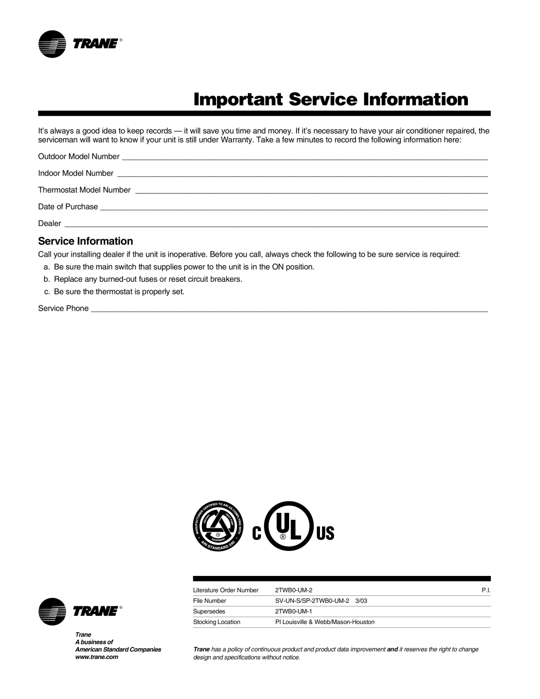 Trane 2TWB0-UM-2 manual Important Service Information 