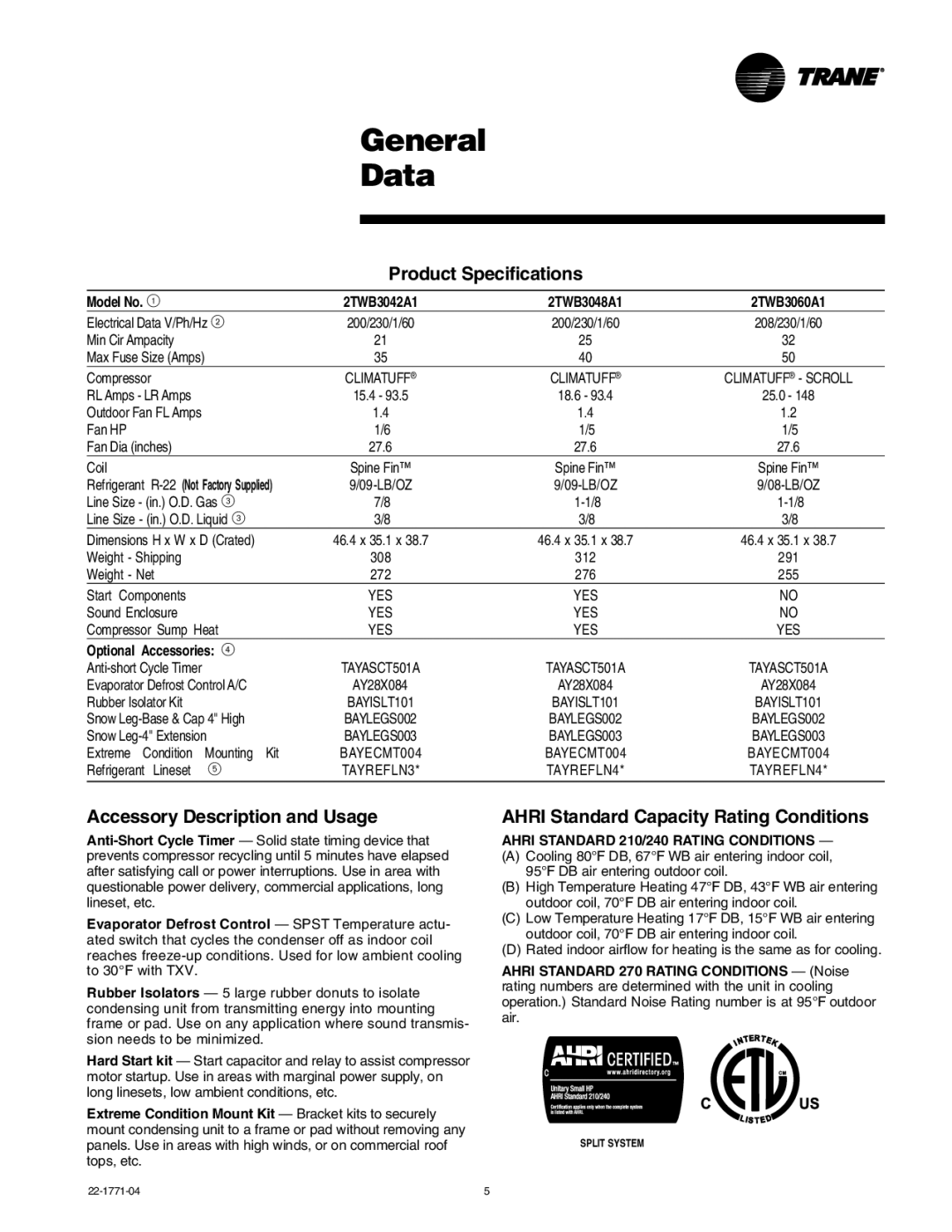 Trane 2TWB3018-060 manual Accessory Description and Usage, Ahri Standard Capacity Rating Conditions 