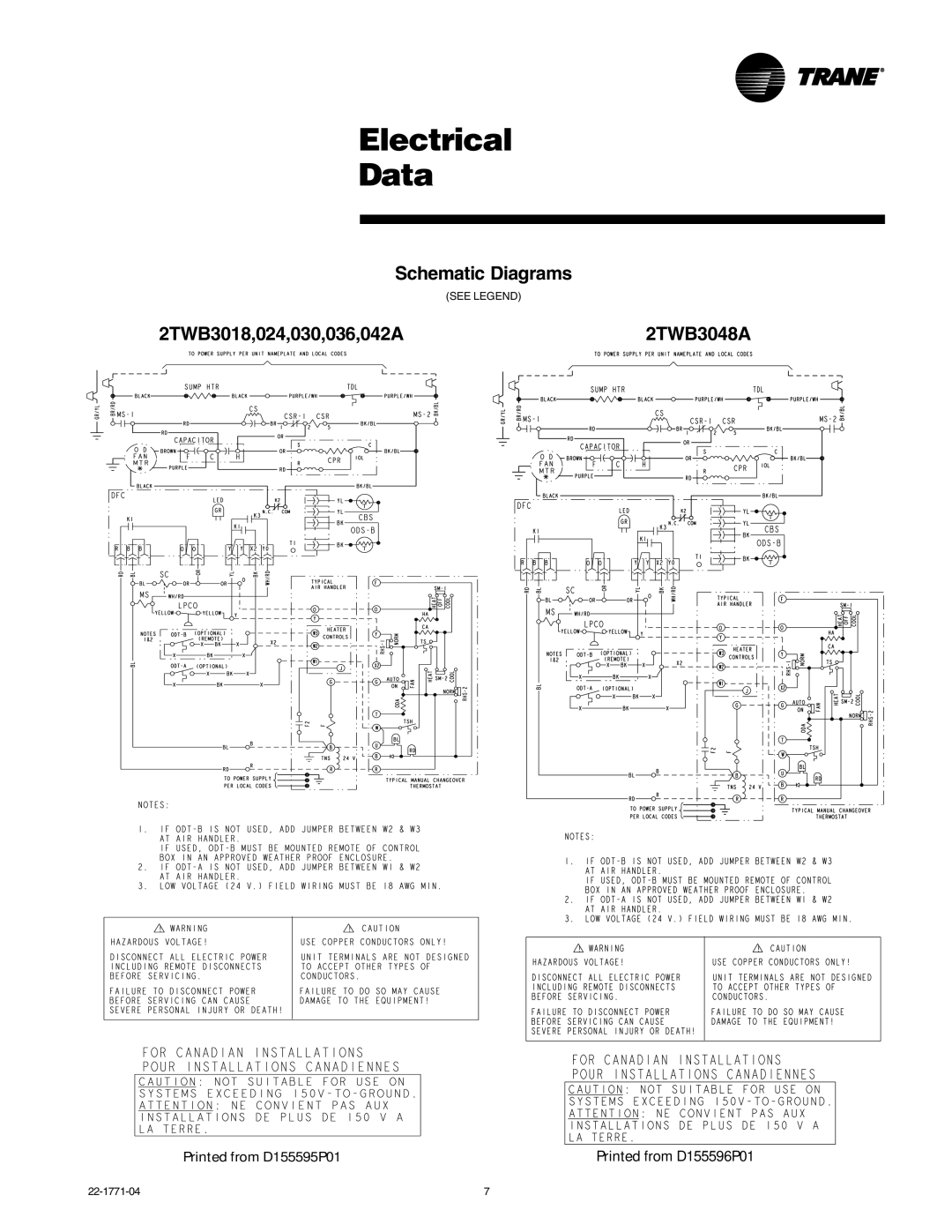 Trane 2TWB3018-060 manual Electrical Data, Schematic Diagrams, 2TWB3018,024,030,036,042A2TWB3048A 