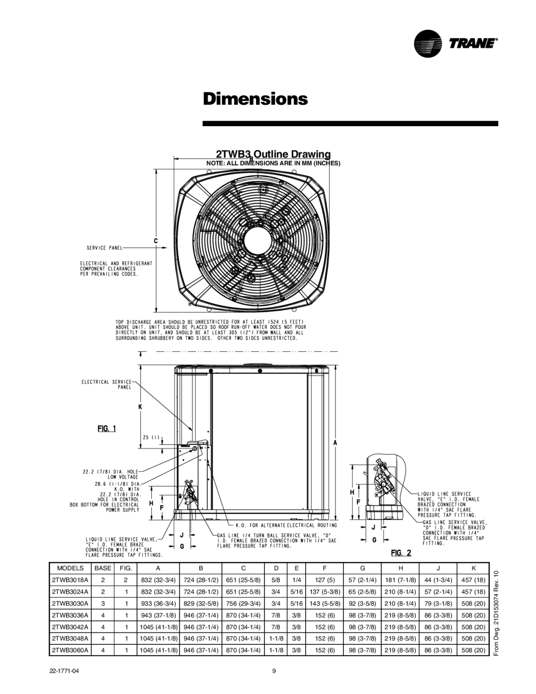 Trane 2TWB3018-060 manual Dimensions, 2TWB3 Outline Drawing 