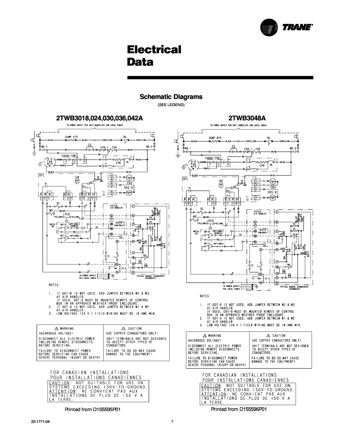 Trane 2TWB3018-060 manual Electrical Data, Schematic Diagrams, 2TWB3018,024,030,036,042A2TWB3048A 