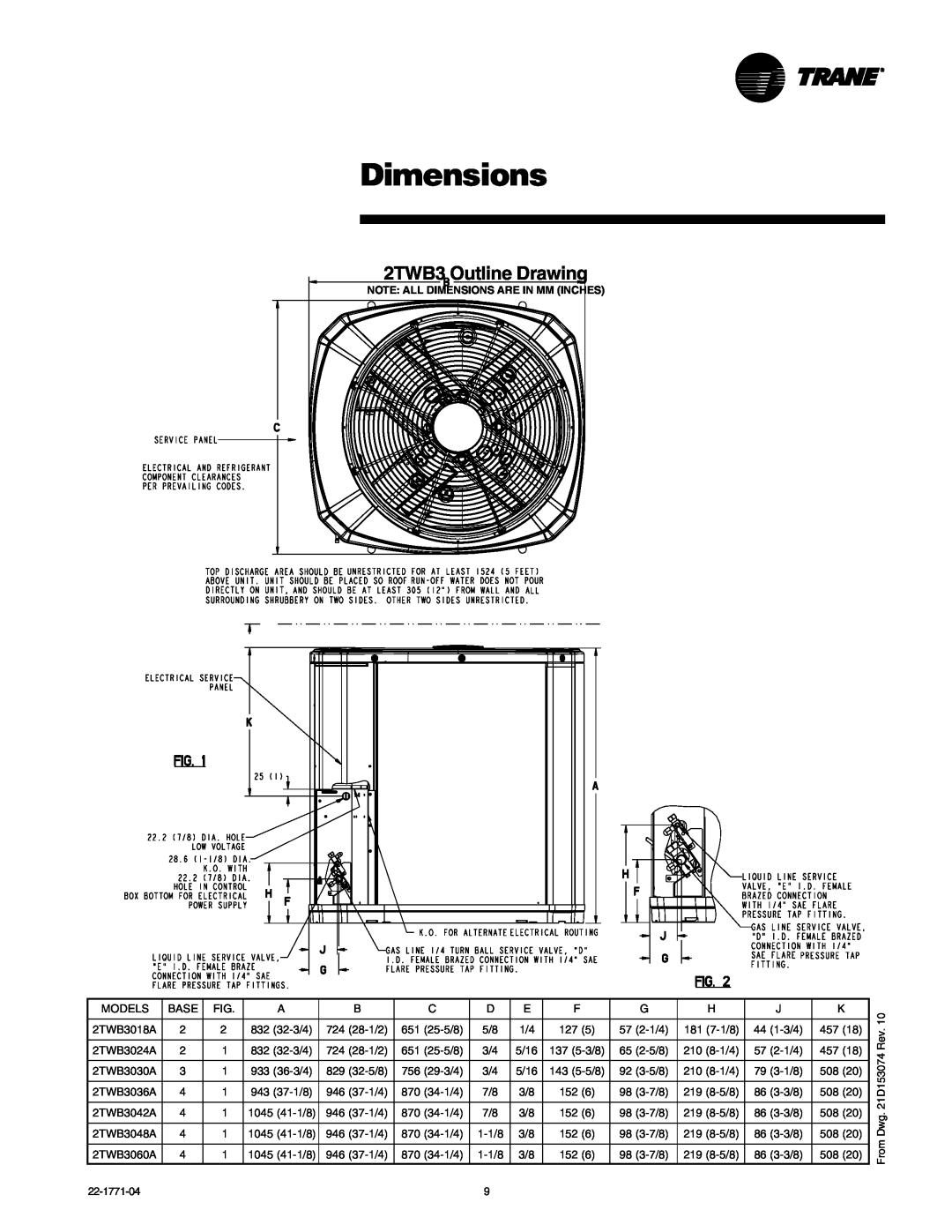 Trane 2TWB3018-060 manual Dimensions, 2TWB3 Outline Drawing 