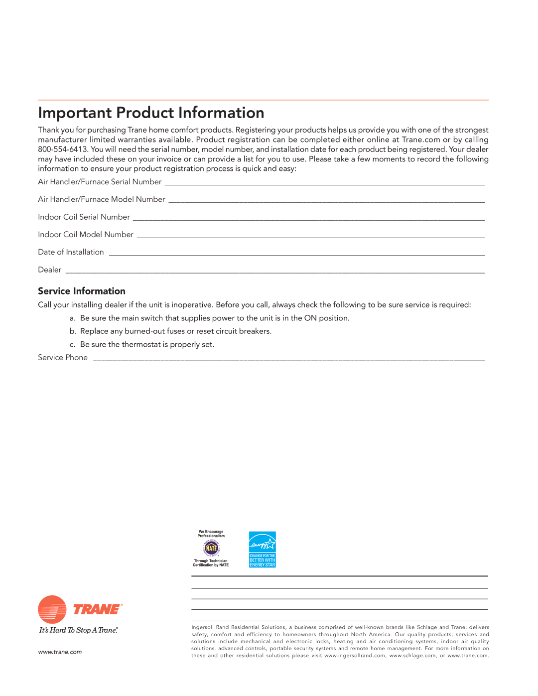 Trane 32-5064-WEB01, Air Handlers Gas Furnaces manual Important Product Information, Service Information 