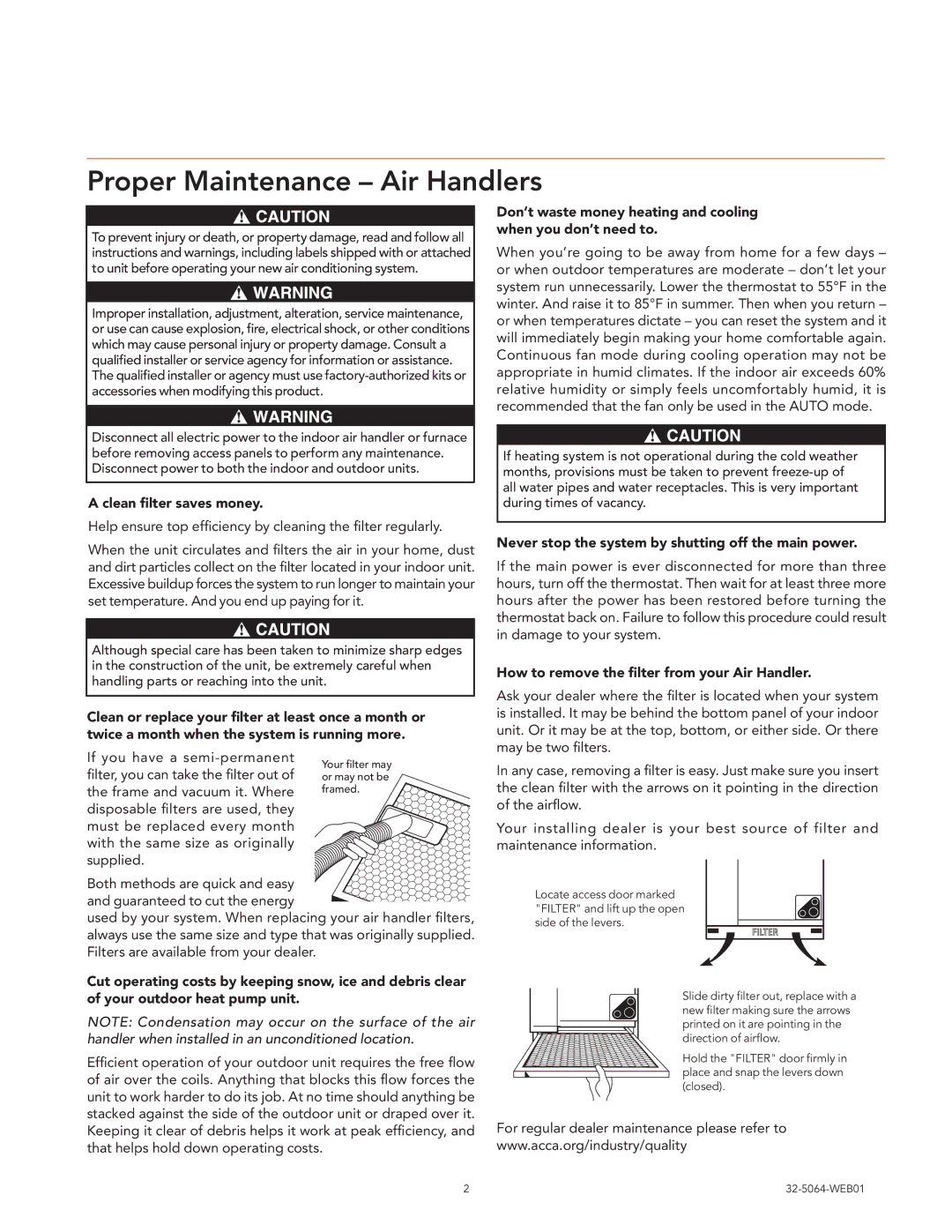 Trane 32-5064-WEB01, Air Handlers Gas Furnaces manual Proper Maintenance Air Handlers, Clean filter saves money 