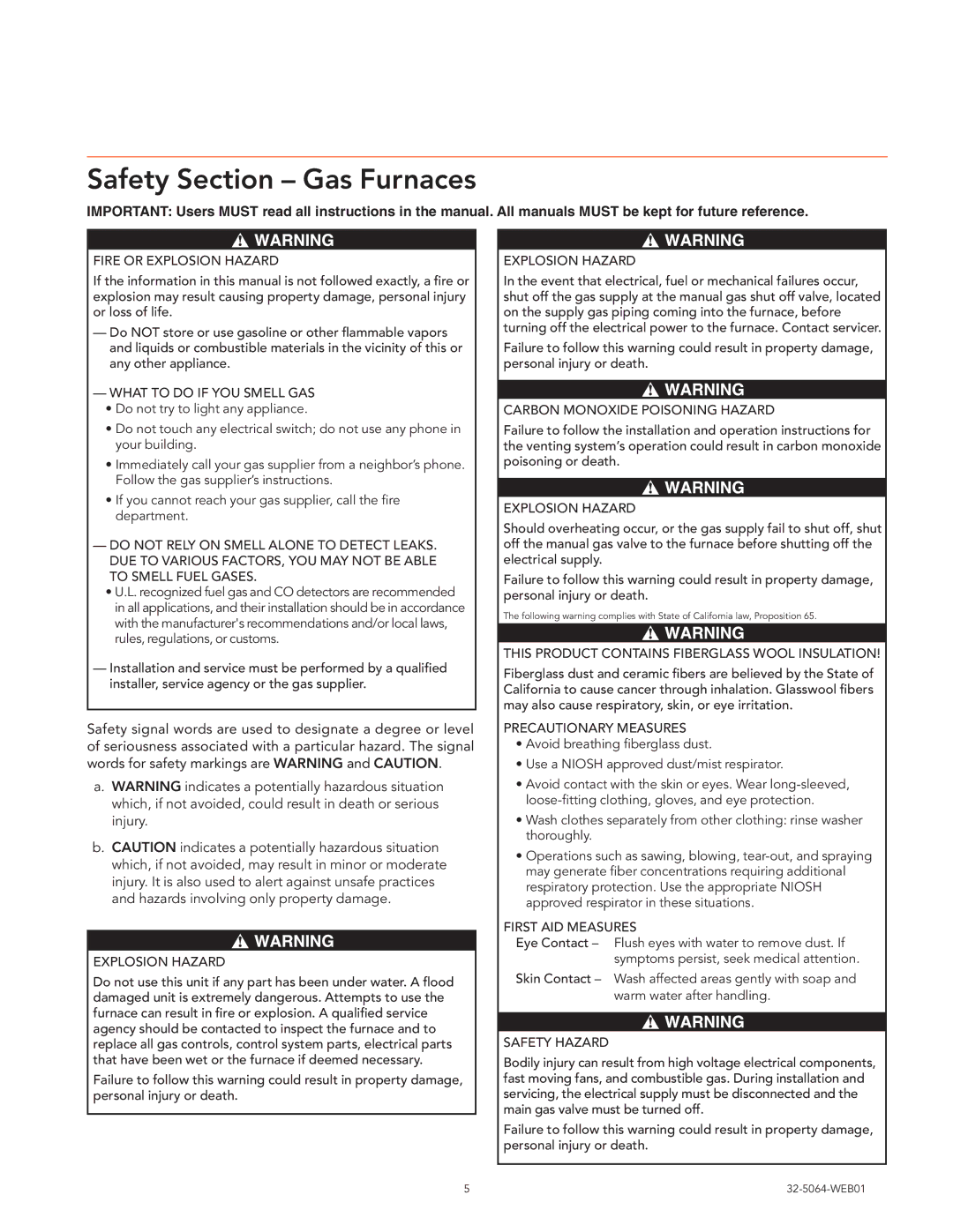 Trane Air Handlers Gas Furnaces, 32-5064-WEB01 manual Safety Section Gas Furnaces 