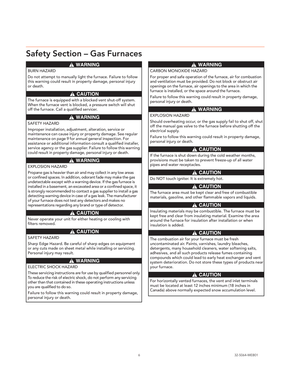 Trane 32-5064-WEB01, Air Handlers Gas Furnaces manual Burn Hazard, Electric Shock Hazard, Carbon Monoxide Hazard 