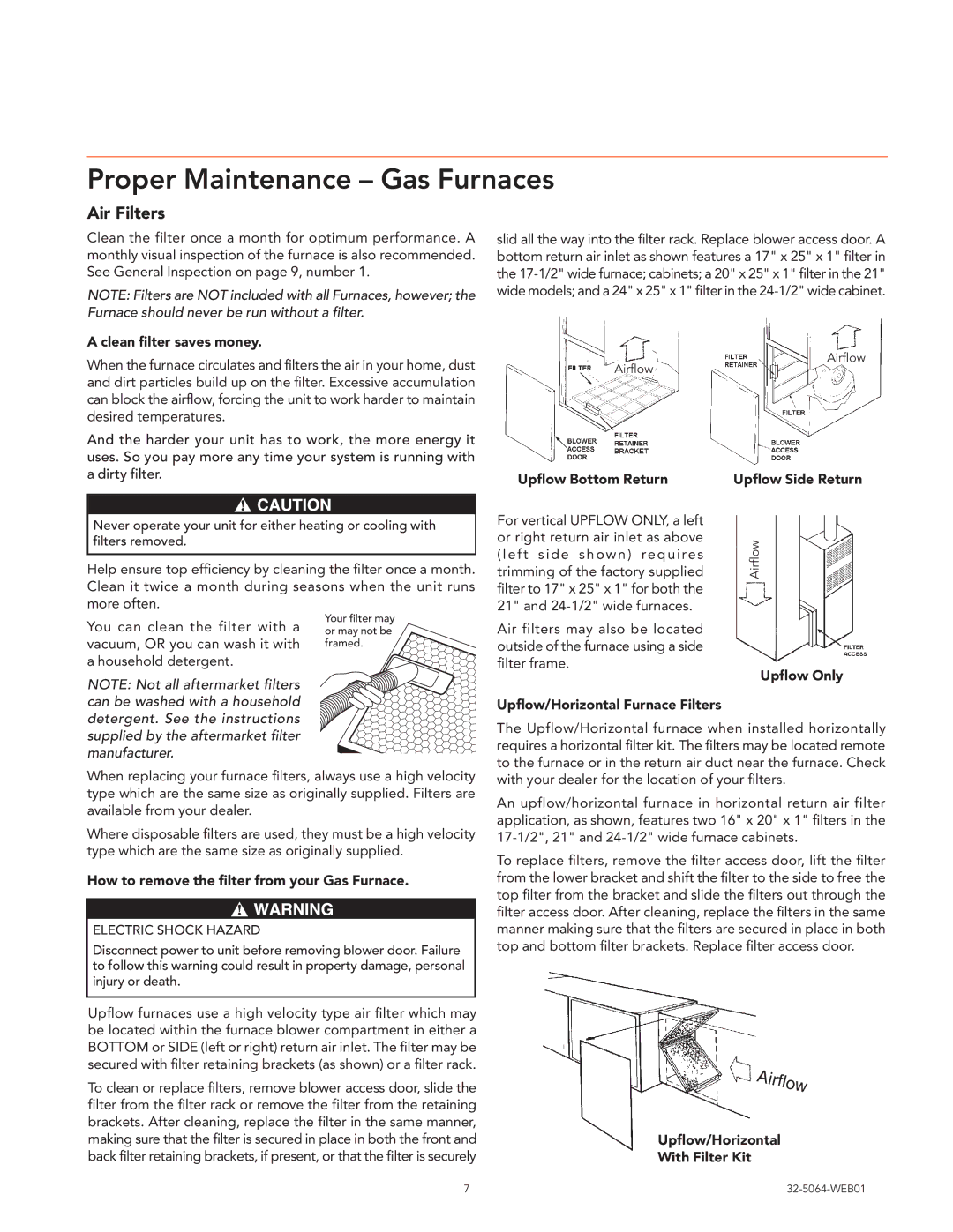 Trane Air Handlers Gas Furnaces, 32-5064-WEB01 manual Proper Maintenance Gas Furnaces, Air Filters 