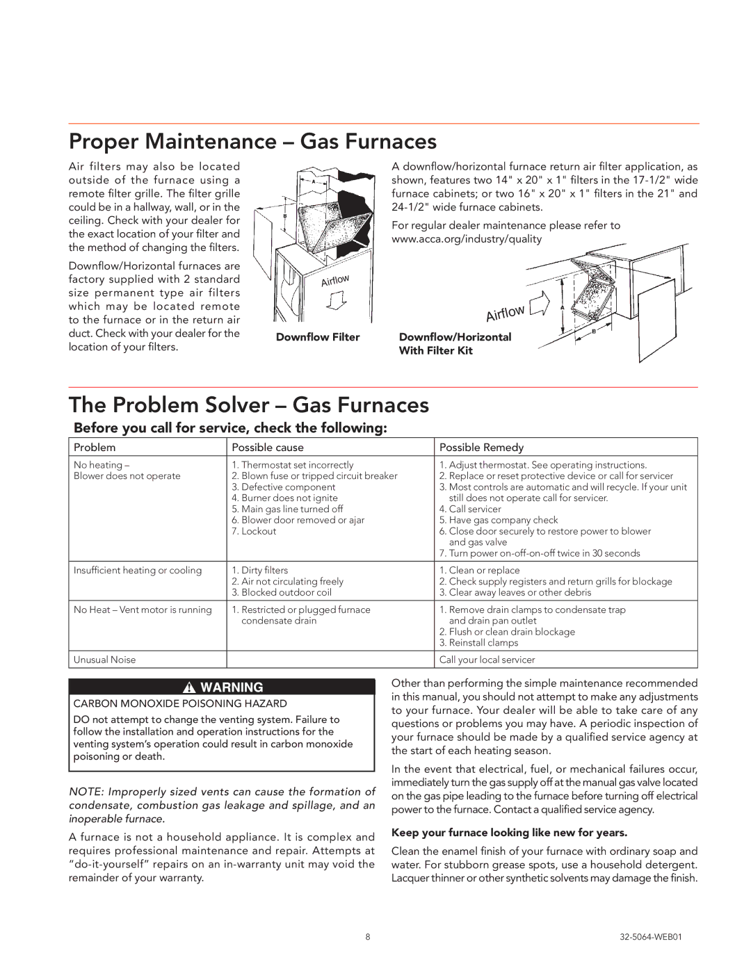 Trane 32-5064-WEB01 manual Problem Solver Gas Furnaces, Downflow Filter Downflow/Horizontal With Filter Kit 