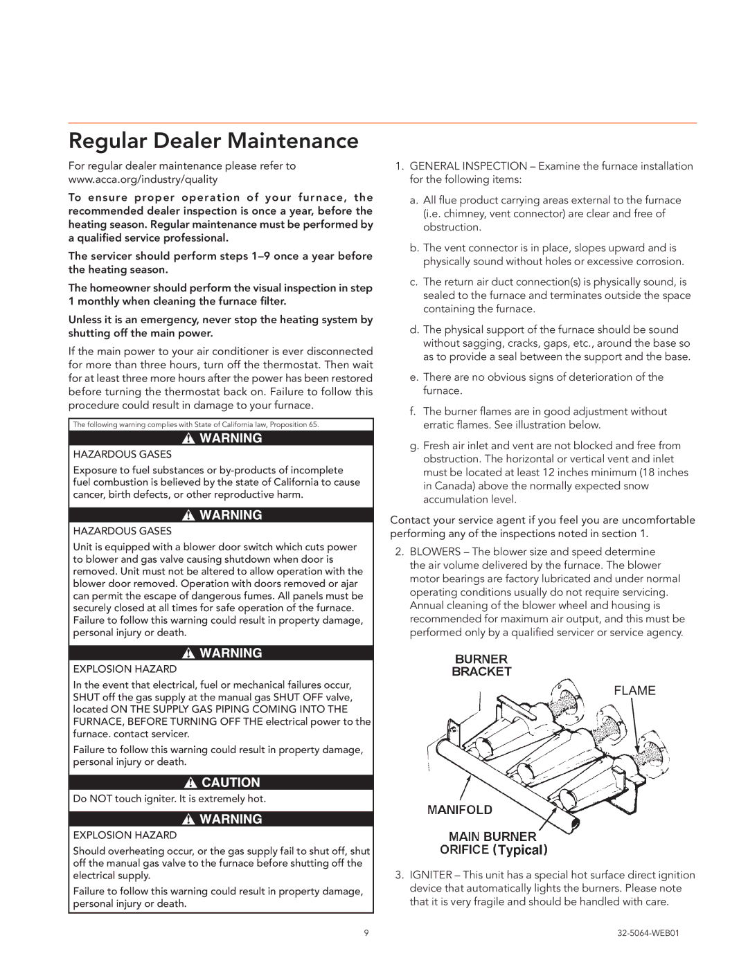 Trane Air Handlers Gas Furnaces, 32-5064-WEB01 manual Regular Dealer Maintenance, Hazardous Gases 