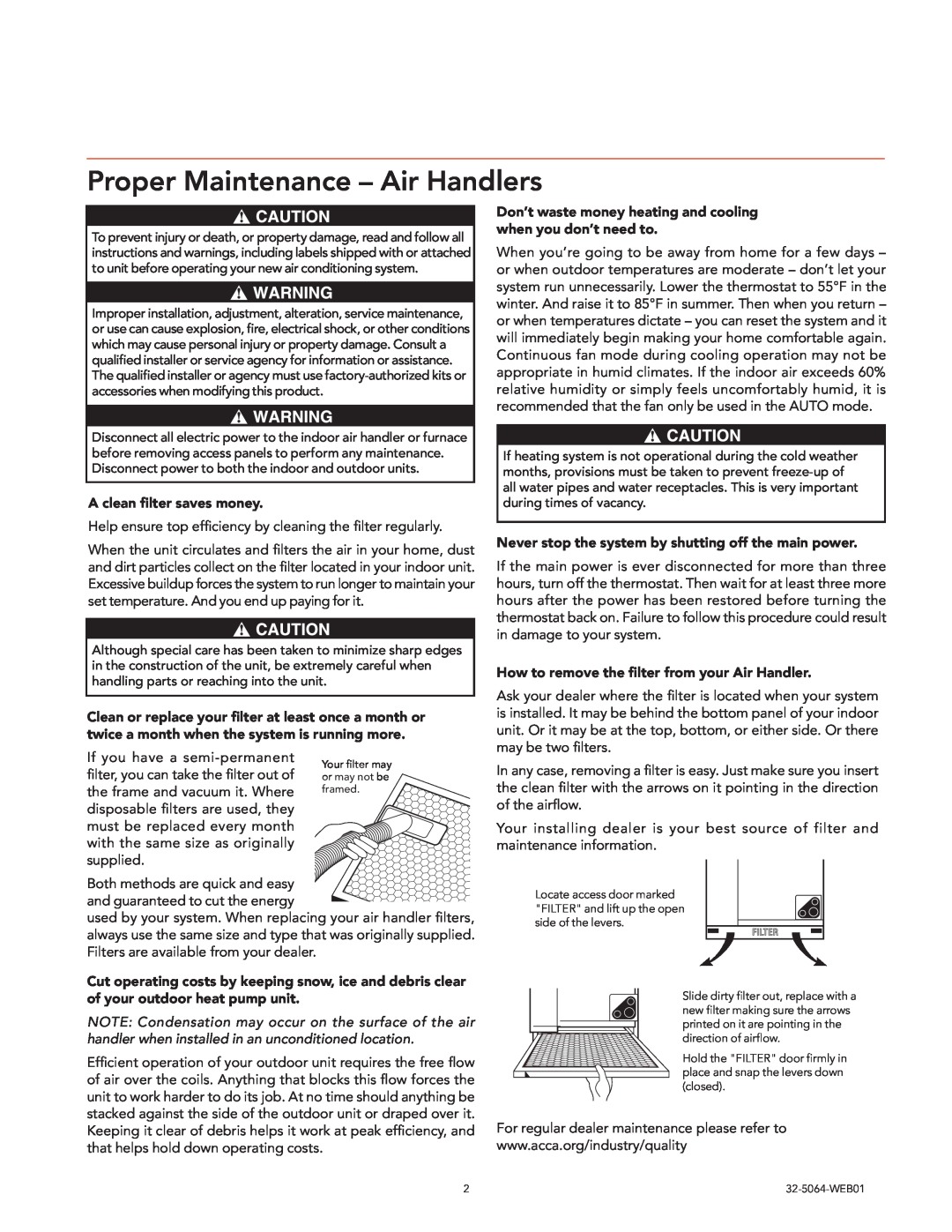 Trane 32-5064-WEB01, Air Handlers Gas Furnaces manual Proper Maintenance - Air Handlers, A clean filter saves money 