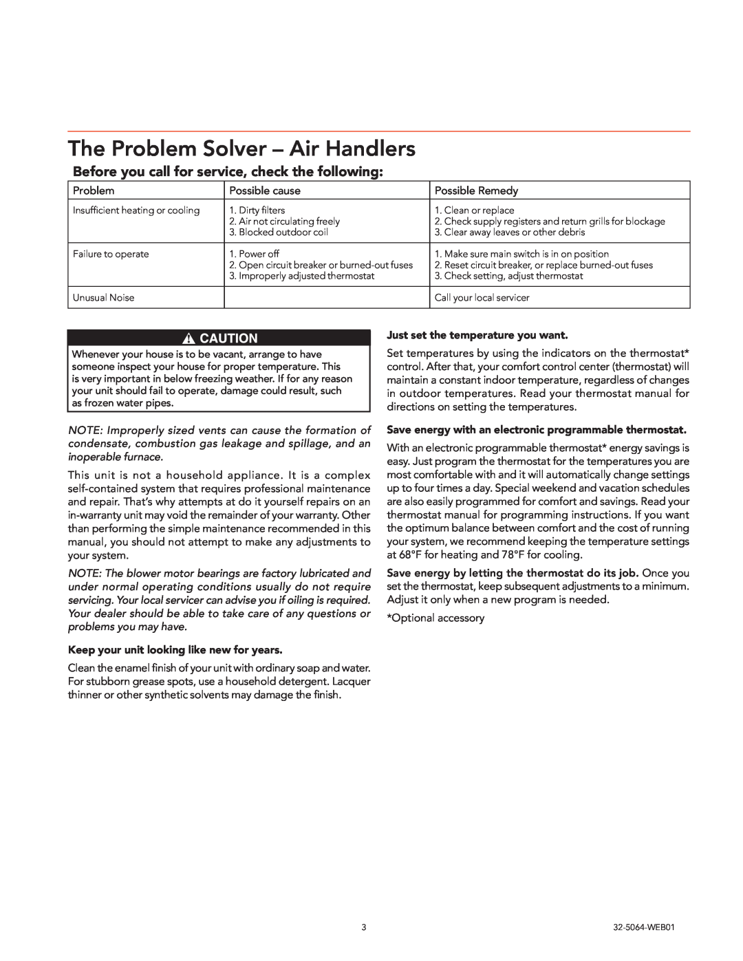 Trane Air Handlers Gas Furnaces manual The Problem Solver - Air Handlers, Before you call for service, check the following 
