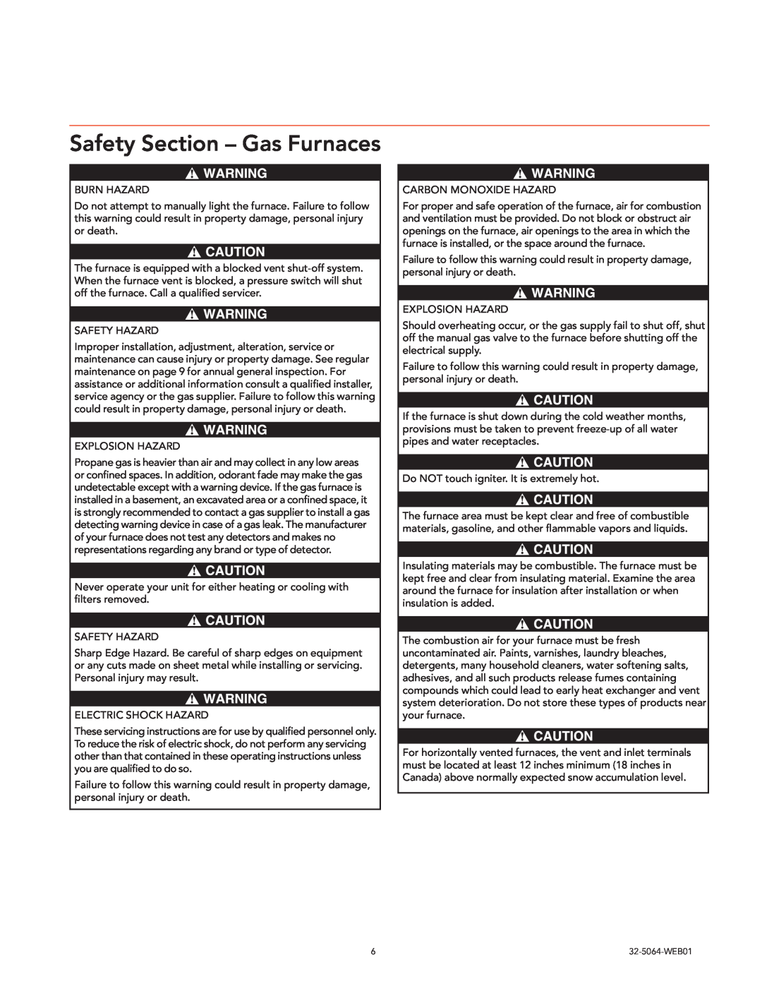 Trane 32-5064-WEB01, Air Handlers Gas Furnaces manual Safety Section - Gas Furnaces, Burn Hazard 