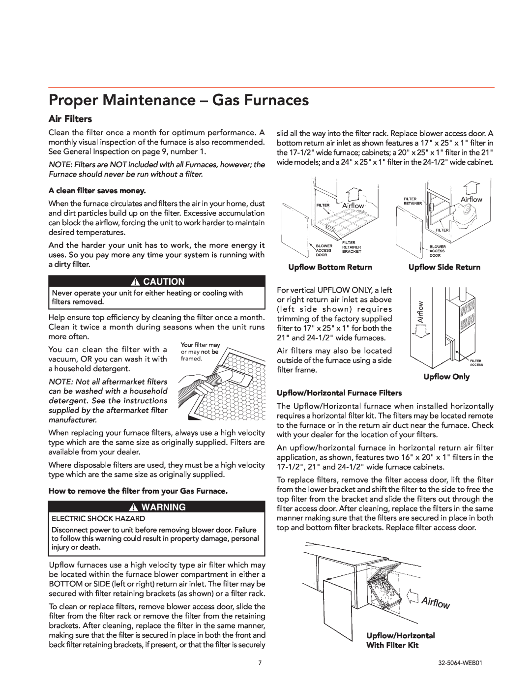 Trane Air Handlers Gas Furnaces Proper Maintenance - Gas Furnaces, Air Filters, Upflow Bottom Return, Upflow Side Return 
