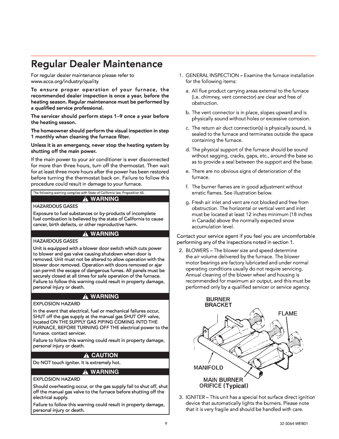 Trane Air Handlers Gas Furnaces, 32-5064-WEB01 manual Regular Dealer Maintenance, Flame 