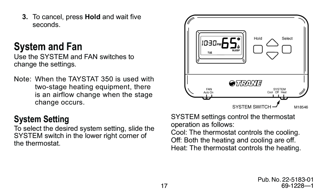 Trane 350, 340 manual System and Fan, System Setting 