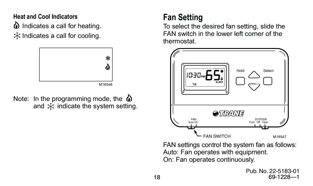 Trane 340, 350 manual Fan Setting, Heat and Cool Indicators 