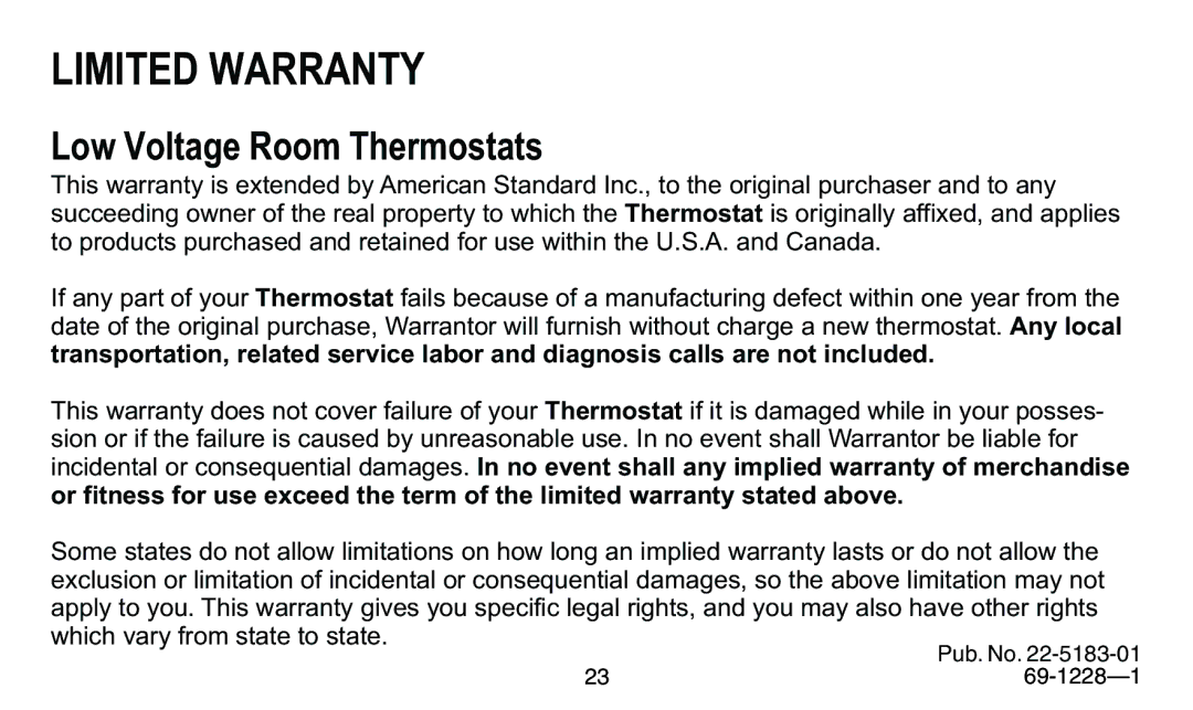 Trane 350, 340 manual Limited Warranty, Low Voltage Room Thermostats 