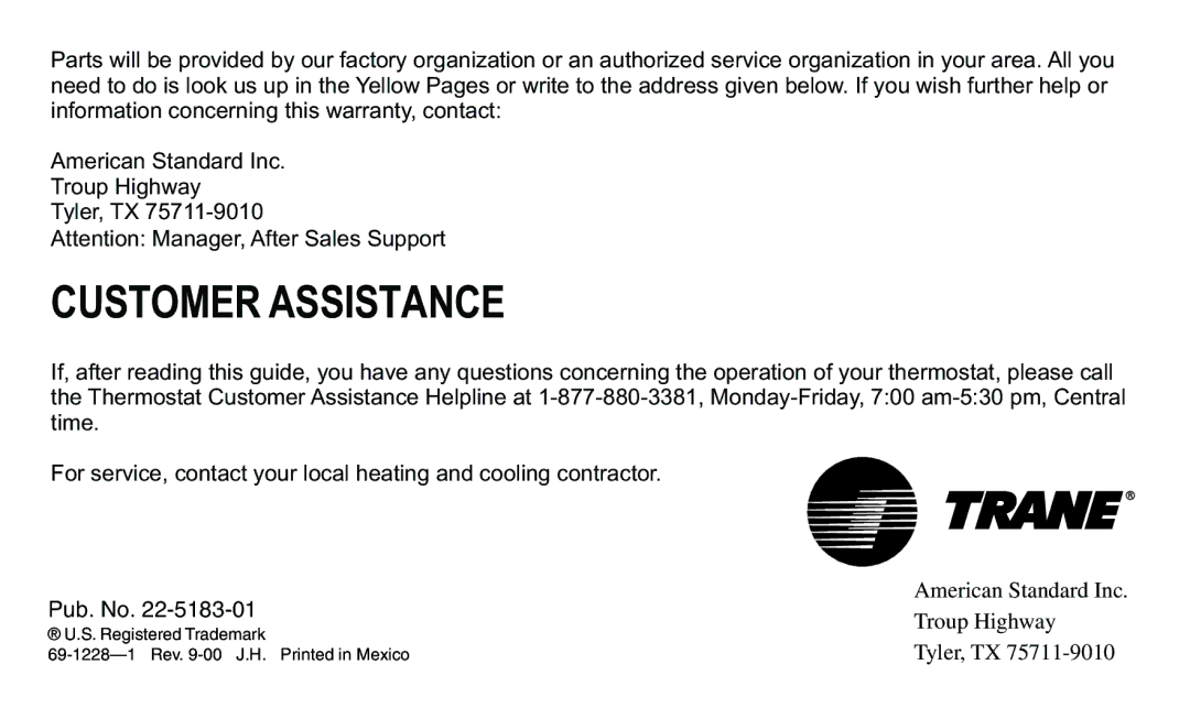 Trane 340, 350 manual Customer Assistance 