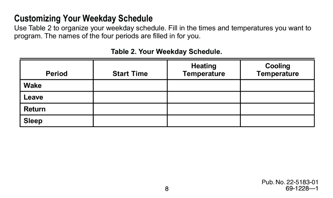 Trane 340, 350 manual Customizing Your Weekday Schedule, Your Weekday Schedule Heating Cooling Period Start Time 