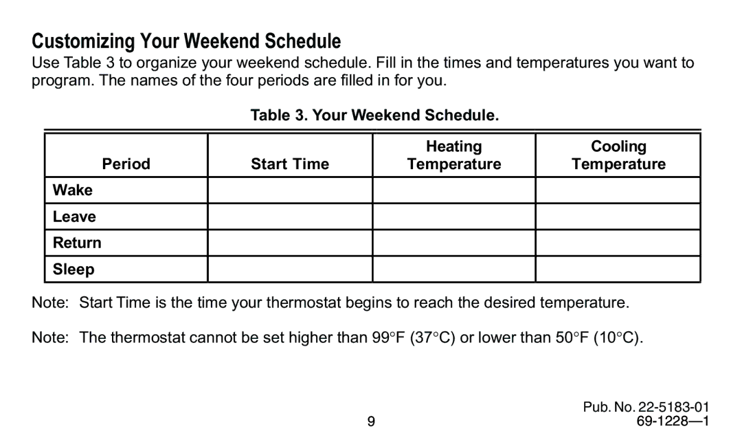 Trane 350, 340 manual Customizing Your Weekend Schedule, Your Weekend Schedule Heating Cooling Period Start Time 