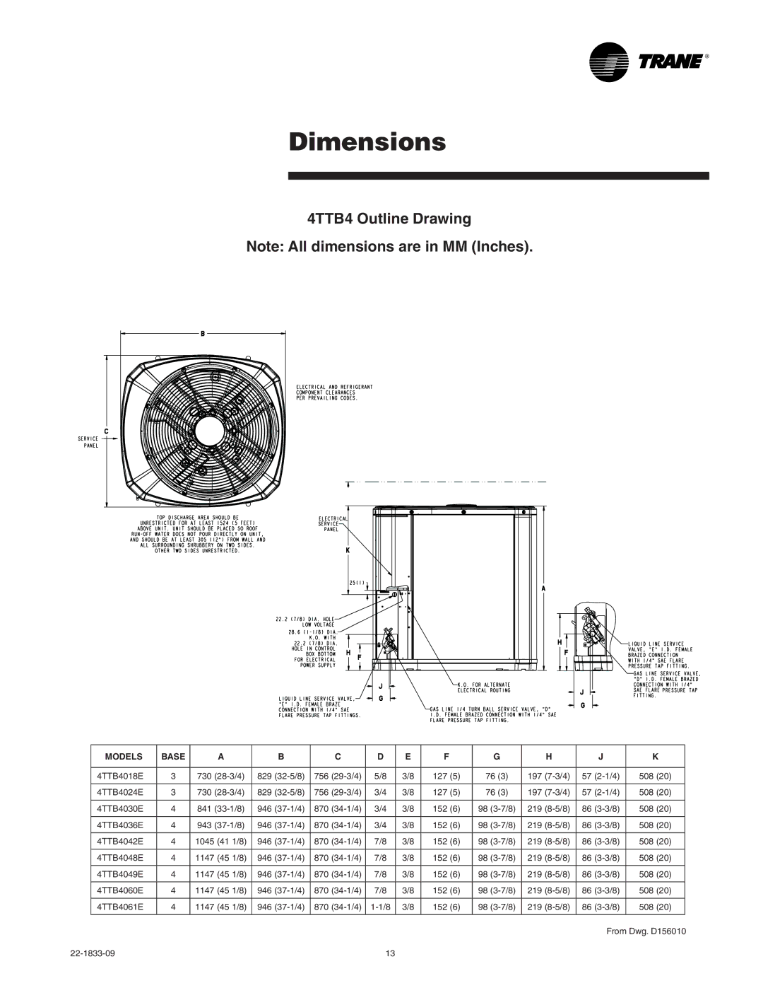 Trane manual Dimensions, 4TTB4 Outline Drawing 