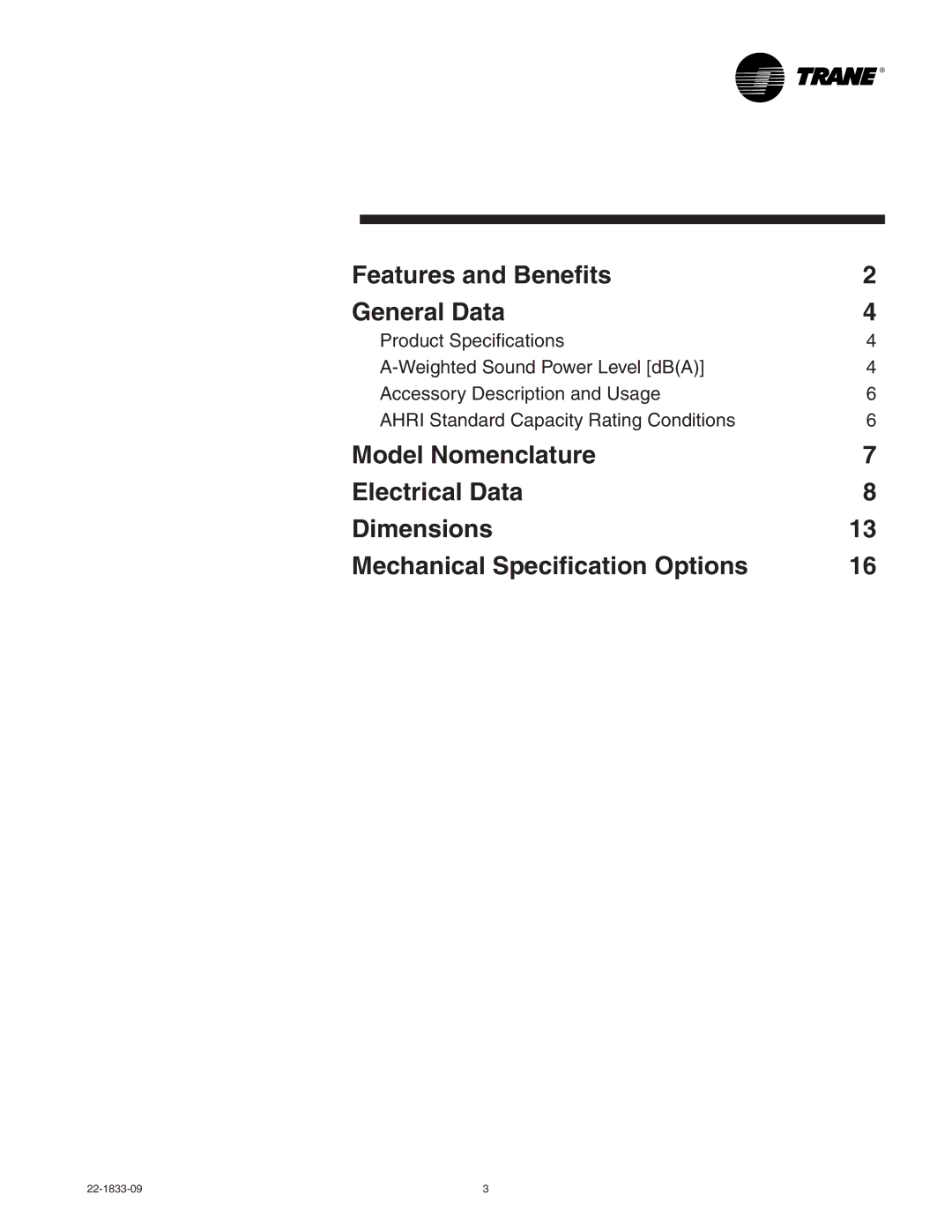 Trane 4TTB4 manual Features and Benefits General Data 