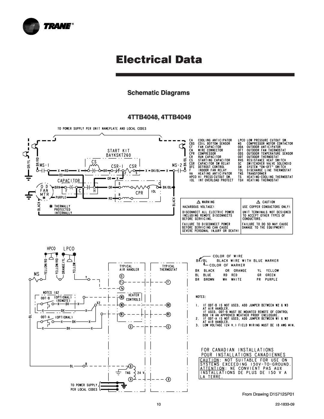 Trane manual Electrical Data, Schematic Diagrams 4TTB4048, 4TTB4049, From Drawing D157125P01 