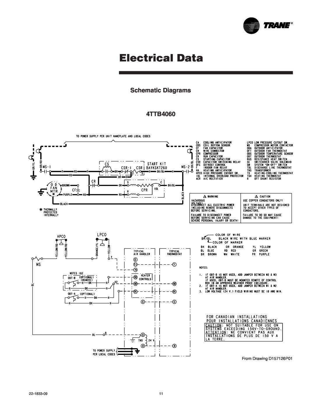 Trane manual Electrical Data, Schematic Diagrams 4TTB4060, From Drawing D157126P01 