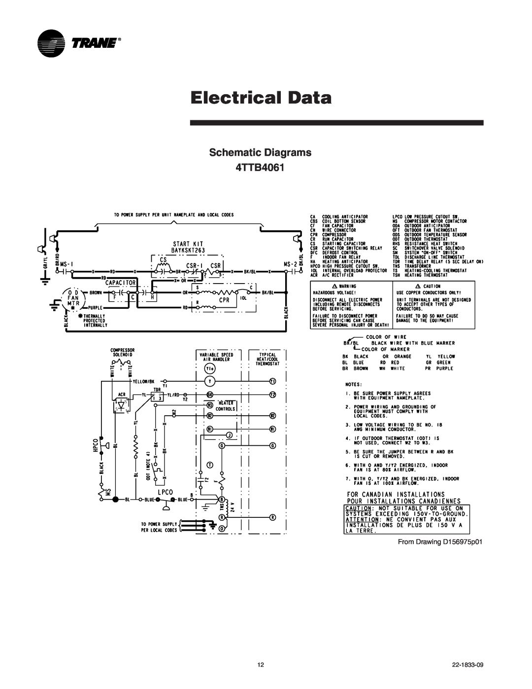 Trane manual Electrical Data, Schematic Diagrams 4TTB4061, From Drawing D156975p01 