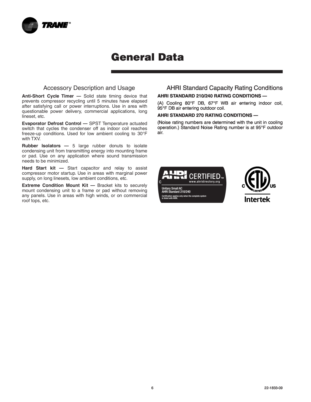 Trane 4TTB4 manual General Data, Accessory Description and Usage, AHRI Standard Capacity Rating Conditions 