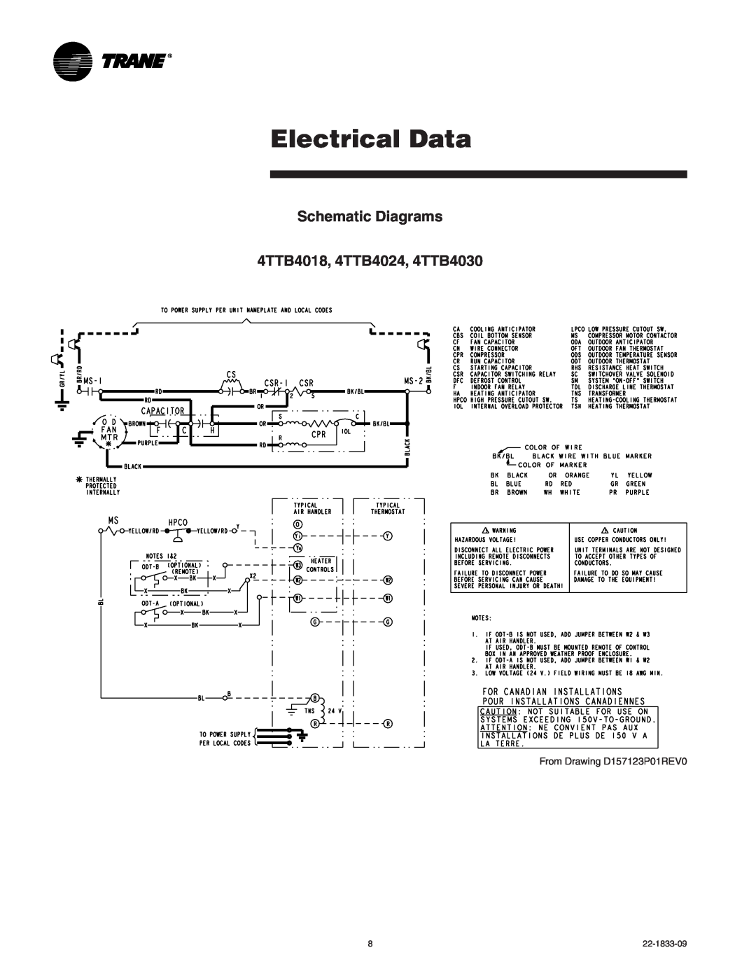 Trane manual Electrical Data, Schematic Diagrams 4TTB4018, 4TTB4024, 4TTB4030 