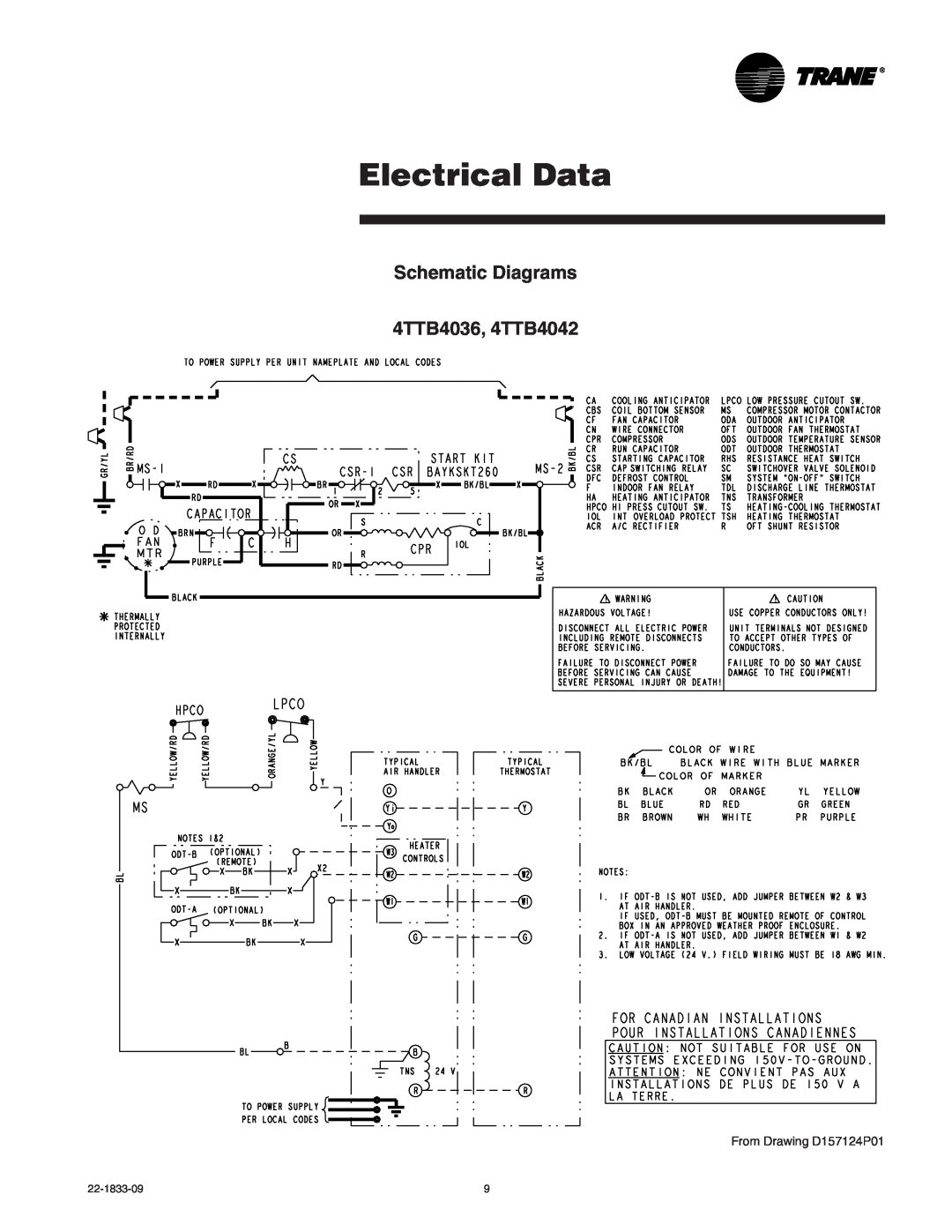 Trane manual Electrical Data, Schematic Diagrams 4TTB4036, 4TTB4042, From Drawing D157124P01 