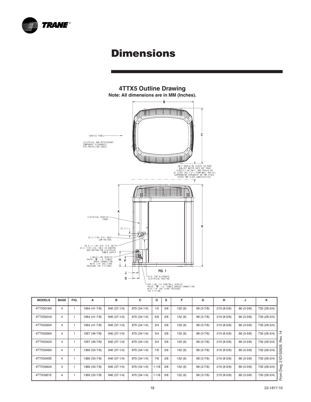 Trane 4TTX5018A1, 4TTX5061E, 4TTX5060A1, 4TTX5036A1, 4TTX5042A1, 4TTX5030A1, 4TTX5024A1, 049E Dimensions, 4TTX5 Outline Drawing 