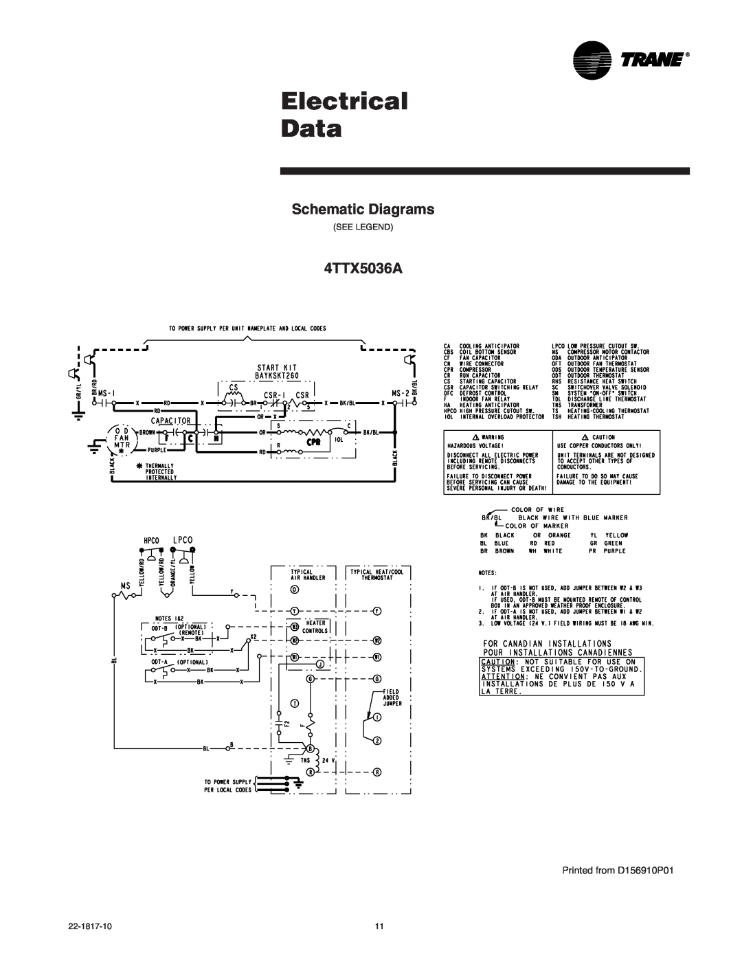 Trane 4TTX5061E, 4TTX5060A1, 4TTX5036A1, 4TTX5042A1, 049E Electrical Data, Schematic Diagrams, Printed from D156910P01 