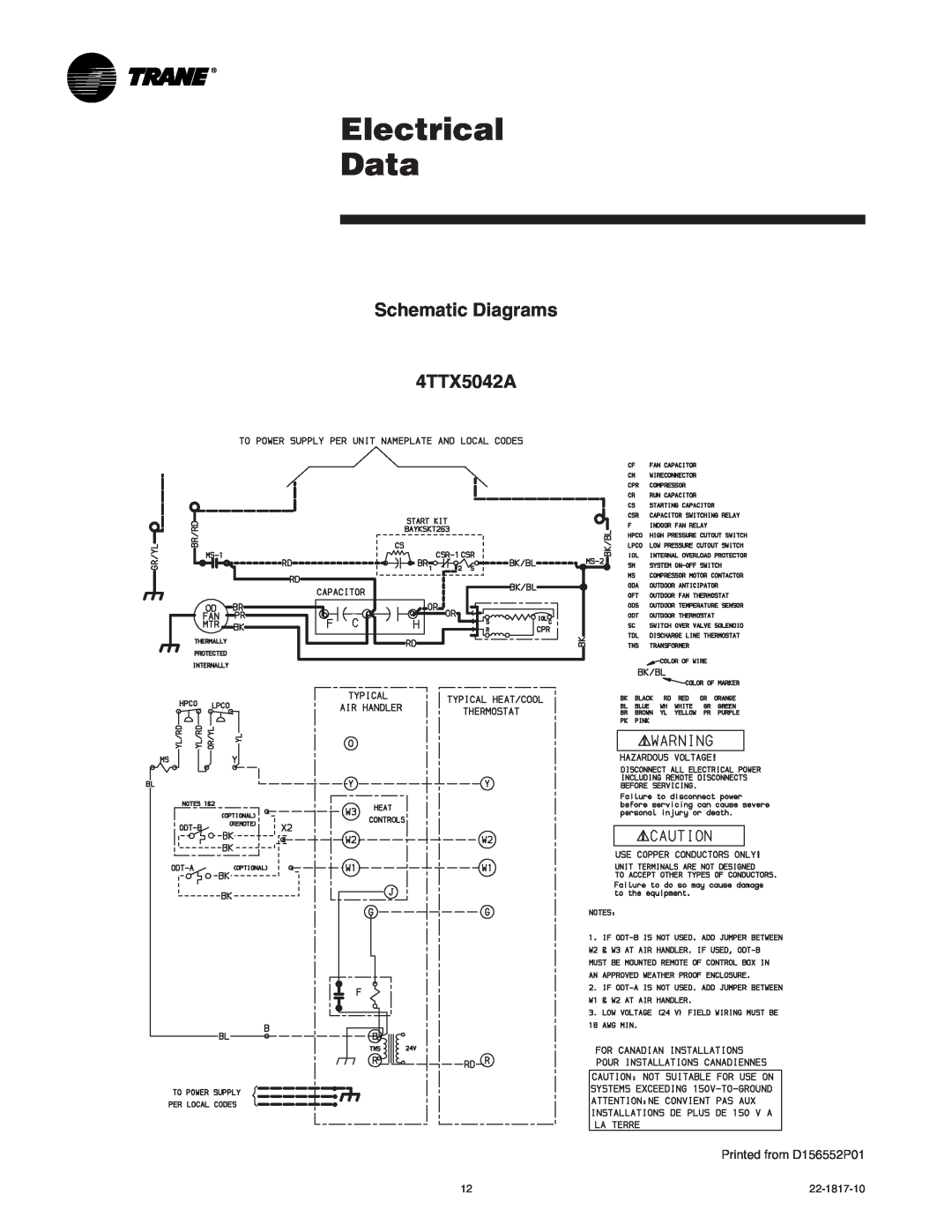 Trane 4TTX5060A1, 4TTX5061E, 4TTX5036A1, 4TTX5042A1 Electrical Data, Schematic Diagrams 4TTX5042A, Printed from D156552P01 